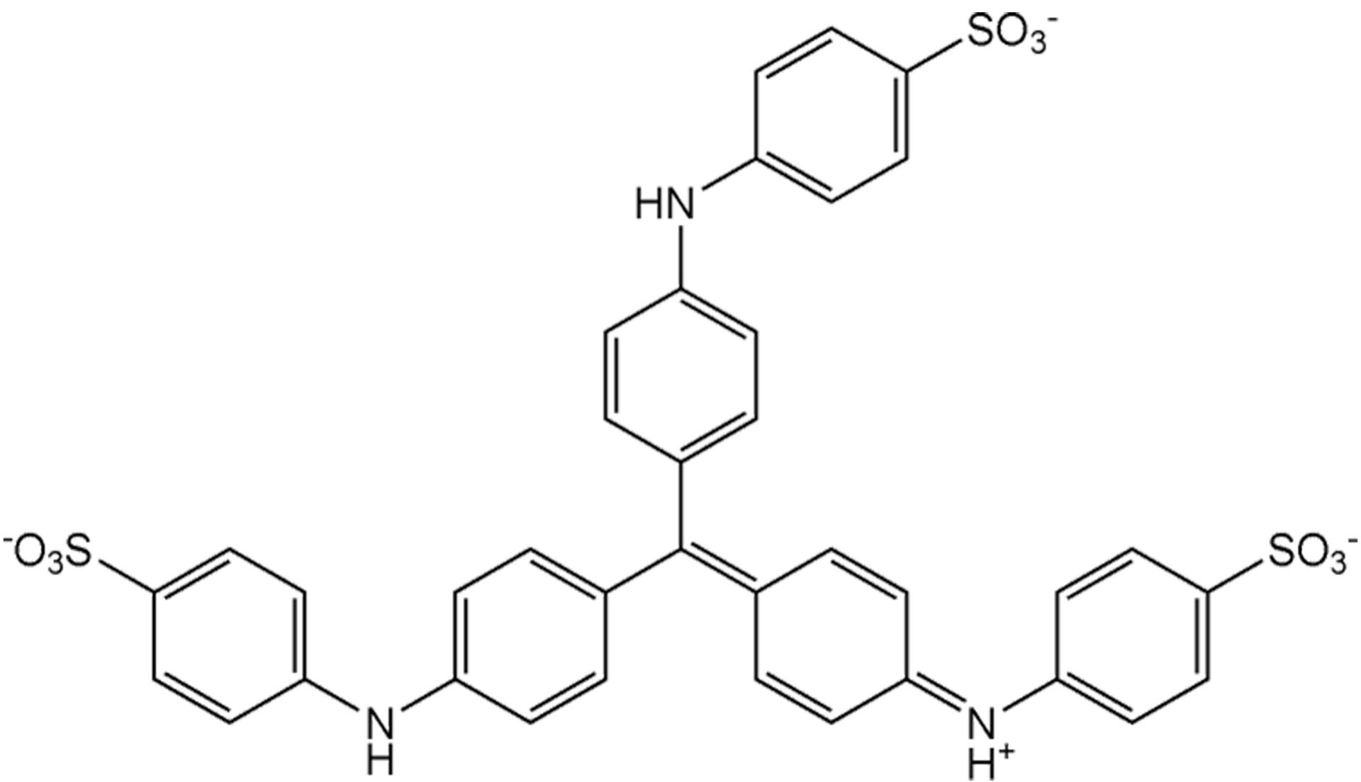 Na ilustracji jest wzór chemiczny. To forma dianionowa błękitu anilinowego. Wzór tworzy sześć sześcioczłonowych pierścieni połączonych ze sobą wiązaniami. W trzech skrajnych pierścieniach są następujące grupy: w dwóch pierścieniach jest SO indeks dolny trzy indeks górny minus, w jednym wzór grupy zapisany jest od końca. Pomiędzy pierścieniami wyróżnia się grupa NH, HN oraz NH indeks górny plus.
