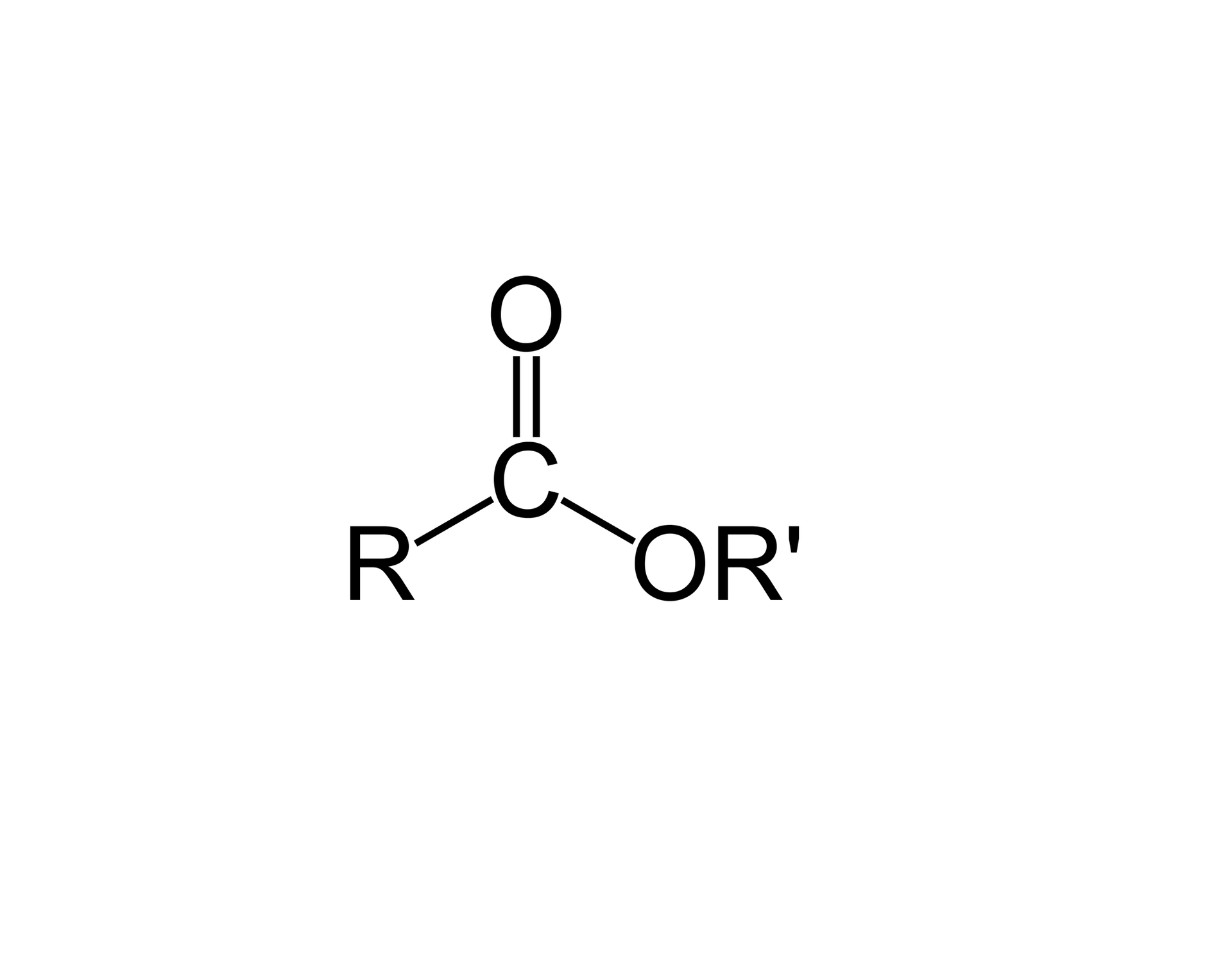 Ilustracja przedstawiająca wzór ogólny estrów, który to zbudowany jest z grupy R związanej z atomem węgla połączonym za pomocą wiązania podwójnego z pierwszym atomem tlenu oraz za pomocą wiązania pojedynczego z drugim atomem tlenu podstawionym grupą R prim.