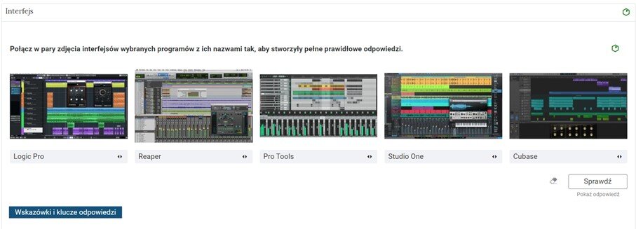 Grafika przedstawia widok pojedynczego zadania z interaktywnego materiału sprawdzającego, na prawo od nazwy zadania widnieje ikonka informująca o poziomie trudności zadania. Zaprezentowane zadanie składa się z listy zdjęć, do których trzeba dobrać odpowiednie słowa.