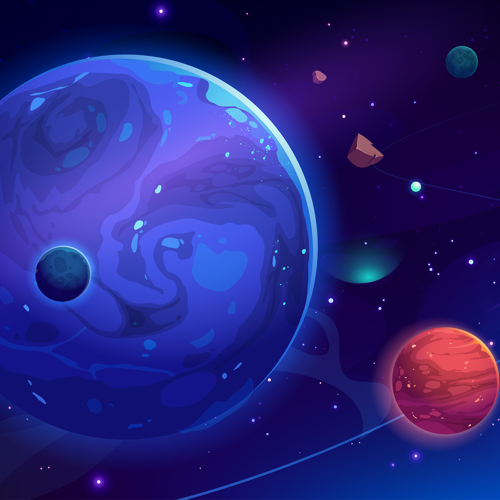 Ilustracja przedstawia planety na tle granatowego nieba oraz odłamki skalne znajdujące się w przestrzeni. 