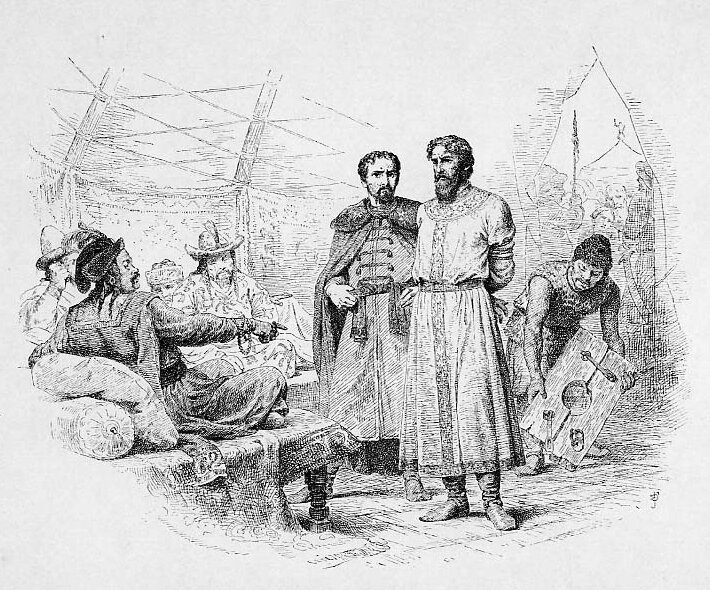 Na rycinie przedstawiono mężczyzn. Dwaj znajdujący się w centralnej części stoją. Ubrani są w tuniki do ziemi, a drugi ma dodatkowo pelerynę zapinaną pod szyją. Po lewej stronie na leżance siedzi człowiek opierający się o stertę poduszek. Ubrany jest w szatę, pelerynę i czapkę. Wskazuje na coś władczym gestem. W tle widać innych mężczyzn.