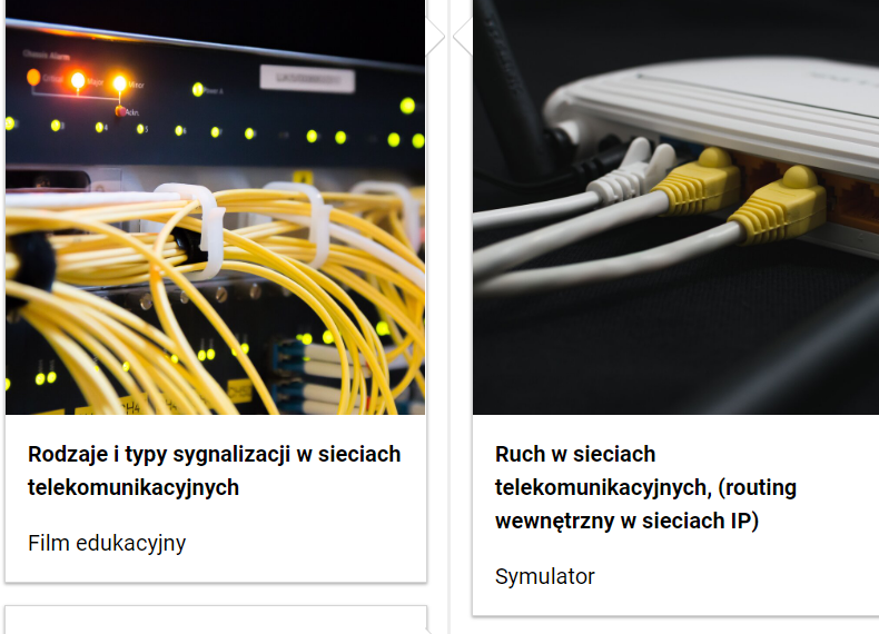 Przykładowy spis treści z dwoma kafelkami składającymi się ze zdjęć i podpisów. Na pierwszym zdjęciu widać splot żółtych kabli, a na drugim białą puszkę, do której zostały podłączone trzy kable.