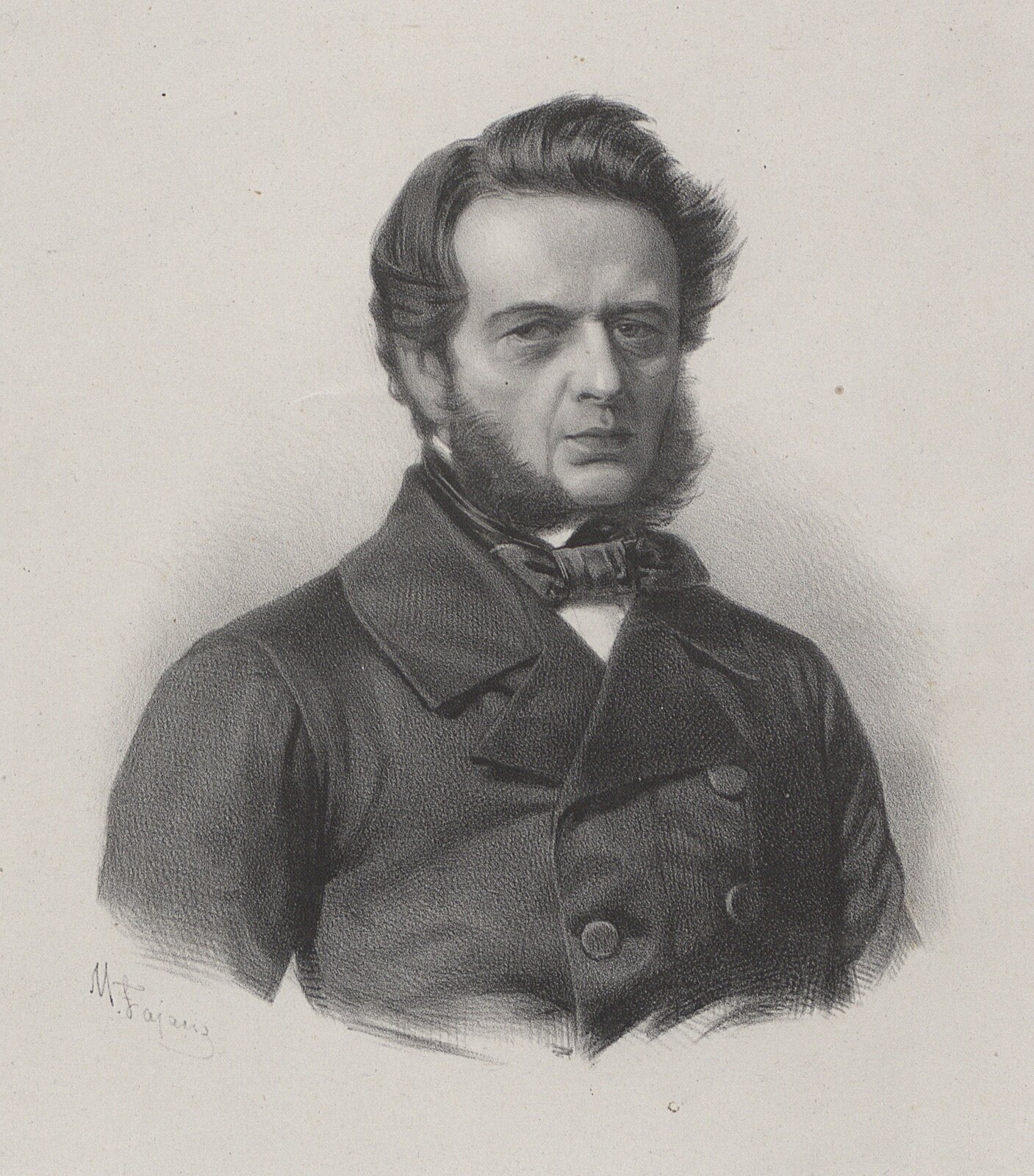 Ilustracja przedstawia mężczyznę w młodym wieku. Ubrany jest we frak. Pod szyją ma chustę. Nosi brodę, bez wąsów. Włosy ma nieco dłuższe, zmierzwione.