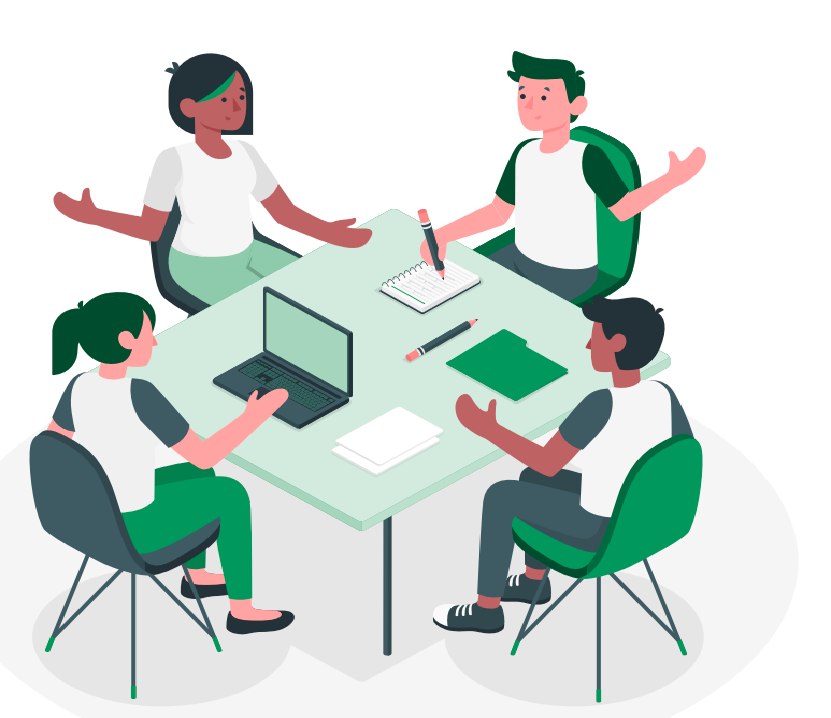 Ilustracja przedstawia dwie kobiety i dwóch mężczyzn siedzących przy kwadratowym stole. Jedna z kobiet pracuje przy komputerze. Jeden z mężczyzn zapisuje w notatniku, przed drugim zaś leży notatnik i długopis.  