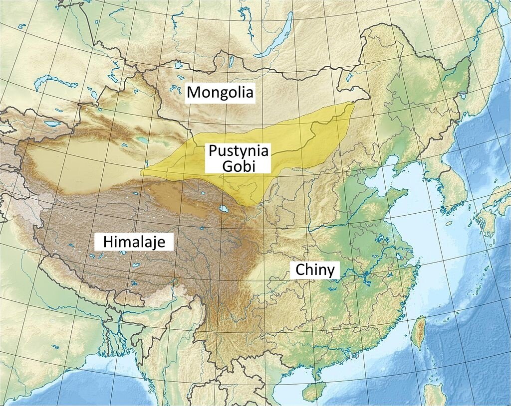  Ilustracja przedstawia żółto‑zielono‑brązową mapę prezentującą lokalizację pustyni Gobi. Na mapie są również zaznaczone kraje graniczące z pustynią: od strony południowo‑wschodniej – Chiny, od strony północnej – Mongolia oraz łańcuch górski – Himalaje, od strony południowo‑zachodniej.