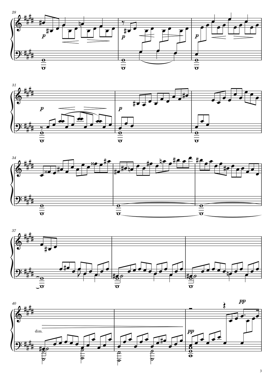 W dziesiątej linijce partytury zamieszczono takty od dwudziestego ósmego do trzydziestego. W takcie dwudziestym ósmym w kluczu wiolinowym w górnym głosie na pierwszą miarę grana jest triola ósemkowa, złożona z nut his, his oktawę niżej oraz dis. Na miarę drugą zapisano ćwierćnutę gis, na trzecią miarę ćwierćnutę a, natomiast na miarę czwartą ćwierćnutę fis. W głosie dolnym pierwsza miara jest wspólna z głosem górnym: jest to triola ósemkowa, złożona z nut his, his oktawę niżej oraz dis. Na miarę drugą zapisano triolę ósemkową, złożoną z nut gis, his oraz dis, czyli akord Gis‑dur w pierwszym przewrocie; na trzecią miarę triolę ósemkową‑trójdźwięk, złożoną z nut a, his oraz dis, natomiast na miarę czwartą ponownie triolę ósemkową‑trójdźwięk, tym razem składającą się z dźwięków fis, his oraz dis, czyli rozłożony akord zmniejszony his. W takcie dwudziestym dziewiątym w kluczu wiolinowym zanotowano wyłącznie głos niższy. Rozpoczyna się on od trioli ósemkowej, w której zapisano kolejno pauzę, następnie his oraz dis na pierwszą miarę. W kolejnych miarach pierwsze dźwięki poszczególnych triol ósemkowych zostały przeniesione do klucza basowego; układy to kolejno: gis, his oraz dis na miarę drugą, czyli akord Gis‑dur w postaci zasadniczej, następnie na miarę trzecią a, his oraz dis i fis, his oraz dis na miarę czwartą, czyli akord zmniejszony his w drugim przewrocie. W takcie trzydziestym w kluczu wiolinowym w głosie górnym na drugą miarę zapisano ćwierćnutę cis, na miarę trzecią ćwierćnutę e, natomiast na miarę czwartą ponownie ćwierćnutę cis. W dolnym głosie na pierwszą miarę grana jest triola ósemkowa, złożona z nut e, e oktawę wyżej oraz gis, przy czym pierwszy dźwięk przeniesiono do klucza basowego. Na drugą miarę zapisano triolę ósemkową, składającą się z dźwięków cis, e oraz gis, czyli akord cis‑moll w pierwszym przewrocie, na miarę trzecią triolę ósemkową z dźwiękami e, e oktawę niżej oraz gis, natomiast na miarę czwartą ponownie triolę ósemkową z nutami cis, e oraz gis, czyli akord cis‑moll w pierwszym przewrocie. W kluczu basowym w takcie dwudziestym ósmym grana jest cała nuta‑oktawa gis; w takcie na pierwszą miarę następuje zmiana dynamiki na piano [czytaj: pjano], na miarę drugą zapisano crescendo [czytaj: kreszendo], natomiast na miary trzecią oraz czwartą diminuendo. W takcie dwudziestym dziewiątym w kluczu basowym ponownie grana jest cała nuta‑oktawa gis; tak, jak w takcie poprzednim, na pierwszą miarę następuje zmiana dynamiki na piano [czytaj: pjano], na miarę drugą zapisano crescendo [czytaj: kreszendo], natomiast na miary trzecią oraz czwartą diminuendo. W takcie trzydziestym raz jeszcze zapisano całą nutę‑oktawę gis, a przy dynamice na pierwszą miarę następuje zmiana dynamiki na piano [czytaj: pjano], na miarę drugą zapisano crescendo [czytaj: kreszendo], natomiast na miary trzecią oraz czwartą diminuendo.W jedenastej linijce partytury zapisano takty od trzydziestego pierwszego do trzydziestego trzeciego. W takcie trzydziestym pierwszym w kluczu wiolinowym wszystkie dźwięki przeniesiono do klucza basowego; w górnym głosie na drugą miarę grana jest ćwierćnuta cis, na miarę trzecią ćwierćnuta e, natomiast na miarę czwartą ćwierćnuta cis. W dolnym głosie na pierwszą miarę grana jest triola ósemkowa, składająca się z pauzy oraz dźwięków e i gis, na miarę drugą triola ósemkowa, składająca się z dźwięków cis, e oraz gis, czyli akord cis‑moll w pierwszym przewrocie, na miarę trzecią triola ósemkowa, złożona z nut e, e oktawę niżej oraz gis, natomiast na miarę czwartą triola ósemkowa, złożona z dźwięków cis, e oraz gis, czyli ponownie akord cis‑moll w pierwszym przewrocie. W takcie trzydziestym drugim w kluczu wiolinowym na pierwszą miarę grana jest triola ósemkowa, złożona z nut dis, a oraz fis, czyli rozłożony akord zmniejszony dis; nuty zostały przeniesione do klucza basowego. Na miarę drugą zapisano triolę ósemkową, złożoną z dźwięków his, a oraz dis, na miarę trzecią ponownie triolę ósemkową, złożoną z nut his, fis oraz dis, czyli rozłożony akord zmniejszony his, natomiast na czwartą miarę triolę ósemkową, składającą się z dźwięków a, fis oraz his. W trzydziestym trzecim takcie w kluczu wiolinowym na pierwszą miarę grana jest triola ósemkowa, złożona z dźwięków e, cis oraz gis, czyli rozłożony akord cis‑moll; dźwięki zostały przeniesione do klucza basowego. Na drugą miarę grana jest triola ósemkowa, złożona z nut e, cis oraz gis, czyli ponownie rozłożony akord cis‑moll; na trzecią miarę zapisano triolę ósemkową, złożoną z nut e, cis oraz gis, a więc również rozłożony akord cis‑moll. Na czwartą miarę grana jest triola ósemkowa, złożona z nut e, cis oraz gis, czyli raz jeszcze akord cis‑moll. W kluczu basowym w trzydziestym pierwszym takcie grana jest cała nuta‑oktawa gis, na pierwszą miarę następuje zmiana dynamiki na piano [czytaj: pjano], na miarę drugą zapisano crescendo [czytaj: kreszendo], natomiast na miary trzecią oraz czwartą diminuendo. W trzydziestym drugim takcie w kluczu basowym zapisano całą nutę‑oktawę gis, a na pierwszą miarę odnotowano zmianę dynamiki na piano [czytaj: pjano]. W takcie trzydziestym trzecim w kluczu basowym ponownie grana jest cała nuta‑oktawa gis. W dwunastej linijce partytury zapisano takty od trzydziestego czwartego do trzydziestego szóstego. W kluczu wiolinowym w takcie trzydziestym czwartym na pierwszą miarę grana jest triola ósemkowa, złożona z nut cis, fisis oraz e; na drugą miarę zapisano triolę ósemkową, złożoną z dźwięków ais, fis oraz cis, czyli akord Fis‑dur. Na miarę trzecią grana jest triola ósemkowa, złożona z dźwięków ais, e oraz cis, czyli zmniejszony akord ais. Na czwartą miarę zapisano triolę ósemkową, złożoną z nut fisis, e oraz ais. W takcie trzydziestym piątym w kluczu wiolinowym na pierwszą miarę grana jest triola ósemkowa, złożona z nut fis, his oraz a, na miarę drugą triola ósemkowa, składająca się z dźwięków dis, his oraz fis, czyli akord zmniejszony his, na trzecią miarę triola ósemkowa, złożona z nut dis, a oraz fis, czyli zmniejszony akord dis, natomiast na miarę czwartą triola ósemkowa, złożona z nut his, a oraz dis. W takcie trzydziestym szóstym w kluczu wiolinowym na pierwszą miarę zapisano triolę ósemkową, złożoną z nut his, fis oraz a, na miarę drugą triolę ósemkową, składającą się z nut dis, fis oraz his, czyli akord zmniejszony his, na trzecią miarę triolę ósemkową, złożoną z nut dis, a oraz his, natomiast na miarę czwartą triolę ósemkową, składającą się z dźwięków fis, a oraz dis, czyli akord zmniejszony dis. W kluczu basowym w takcie trzydziestym czwartym grana jest cała nuta‑oktawa gis. W takcie trzydziestym piątym w kluczu basowym ponownie zapisano całą nutę‑oktawę gis, tym razem przedłużoną do kolejnego taktu. W kluczu basowym w takcie trzydziestym szóstym zapisano całą nutę‑oktawę gis, przedłużoną z taktu trzydziestego piątego i przedłużoną dalej, do taktu trzydziestego siódmego. W trzynastej linijce partytury zapisano takty od trzydziestego siódmego do trzydziestego dziewiątego. W kluczu wiolinowym w górnym głosie na pierwszą miarę grana jest triola ósemkowa, złożona z nut fis, his oraz dis, czyli akord zmniejszony his; na miarę drugą zapisano triolę ósemkową, złożoną z nut a, his oraz fis. Na trzecią miarę grana jest triola ósemkowa, złożona z nut a, dis oraz fis, czyli zmniejszony akord dis; na miarę czwartą zapisano triolę ósemkową, złożoną z nut cis, fis oraz a, czyli akord fis‑moll. W głosie dolnym na trzecią miarę zapisano triolę ósemkową a oraz triolę ćwierćnutową dis, natomiast na miarę czwartą triolę‑ćwierćnutę z kropką cis. Od drugiej miary wszystkie dźwięki zostały przeniesione do klucza basowego. W takcie trzydziestym ósmym w kluczu wiolinowym wszystkie dźwięki przeniesiono do klucza basowego; w górnym głosie na pierwszą miarę grana jest triola ósemkowa, złożona z nut his, fis oraz gis, na miarę drugą ponownie triola ósemkowa, składająca się z dźwięków a, gis oraz fis, na trzecią miarę triola ósemkowa, złożona z nut dis, fis oraz a, czyli akord zmniejszony dis, na miarę czwartą triola ósemkowa, złożona z dźwięków cis, fis oraz a, czyli akord fis‑moll. W głosie dolnym w kluczu wiolinowym na pierwsze dwie miary grana jest półnuta his, na miarę trzecią ćwierćnuta dis, natomiast na czwartą miarę ćwierćnuta cis. W takcie trzydziestym dziewiątym w kluczu wiolinowym ponownie wszystkie dźwięki przeniesiono do klucza basowego. W górnym głosie na pierwszą miarę grana jest triola ósemkowa, złożona z nut his, fis oraz gis, na miarę drugą ponownie triola ósemkowa, składająca się z dźwięków a, gis oraz fis, na trzecią miarę triola ósemkowa, złożona z nut d, fis oraz a, czyli akord D‑dur, na miarę czwartą triola ósemkowa, złożona z dźwięków cis, fis oraz a, czyli akord fis‑moll. W głosie dolnym w kluczu wiolinowym na pierwsze dwie miary grana jest półnuta his, na miarę trzecią ćwierćnuta d, natomiast na czwartą miarę ćwierćnuta cis. W kluczu basowym w takcie trzydziestym siódmym zapisano całą nutę‑oktawę gis, przedłużoną z taktu poprzedniego. W takcie trzydziestym ósmym w kluczu basowym grana jest na wszystkie miary cała nuta gis. W trzydziestym dziewiątym takcie w kluczu basowym ponownie grana jest cała nuta gis. W czternastej linijce partytury zapisano takty od czterdziestego do czterdziestego drugiego. W kluczu wiolinowym wszystkie dźwięki w takcie czterdziestym przeniesiono do klucza basowego. W górnym głosie na pierwszą miarę grana jest triola ósemkowa, złożona z nut his, fis oraz gis. Na miarę drugą zapisano triolę ósemkową, składającą się z dźwięków a, gis oraz fis. Na trzecią miarę zapisano triolę ósemkową, złożoną z nut cis, e oraz cis oktawę wyżej, natomiast na miarę czwartą grana jest triola ósemkowa, ponownie złożona z nut cis, e oraz cis oktawę wyżej. W dolnym głosie na pierwsze dwie miary grana jest półnuta his. W takcie czterdziestym pierwszym w kluczu wiolinowym raz jeszcze wszystkie dźwięki przeniesiono do klucza basowego. Na pierwsze dwie miary grane są dwie triole ósemkowe, złożone z nut dis, a oraz cis, na miarę trzecią oraz czwartą dwie triole ósemkowe, złożone z nut dis, gis oraz his, czyli rozłożony akord Gis‑dur. W takcie czterdziestym drugim w kluczu wiolinowym w górnym głosie na pierwsze dwie miary zapisano pauzę półnutową, na miarę trzecią pauzę ósemkową, natomiast na miarę czwartą ósemkę z kropką gis oraz szesnastkę gis. Na czwartą miarę zapisano zmianę dynamiki na piano pianissimo [czytaj: pjano pianissimo]. W dolnym głosie dwie pierwsze miary przeniesiono do klucza basowego: na pierwszą miarę zapisano triolę ósemkową, złożoną z nut e, gis oraz cis, czyli akord cis‑moll, na miarę drugą triolę ósemkową, złożoną z nut gis, cis oraz e, czyli ponownie akord cis‑moll, na miarę trzecią znowu triolę ósemkową z nutami gis, cis oraz e, a więc akord cis‑moll i ten sam akord w tym samym układzie został zapisany na miarę czwartą. W kluczu basowym w takcie czterdziestym na pierwsze dwie miary grana jest półnuta‑oktawa gis, natomiast na miary trzecią oraz czwartą zapisano półnutę‑oktawę a. Na początku taktu zaznaczono początek diminuenda, które trwa dalej w kolejnym takcie. W takcie czterdziestym pierwszym w kluczu basowym na pierwsze dwie miary grana jest półnuta‑oktawa fis, natomiast na miary trzecią oraz czwartą półnuta‑oktawa gis. W takcie trwa diminuendo, które rozpoczęło się w poprzednim takcie; kończy się po czwartej mierze. W takcie czterdziestym drugim w kluczu basowym grana jest cała nuta‑trójdźwięk, złożony z nut cis, e oraz cis oktawę wyżej. Na pierwszą miarę zaznaczono zmianę dynamiki na piano pianissimo [czytaj: pjano pjanissimo].