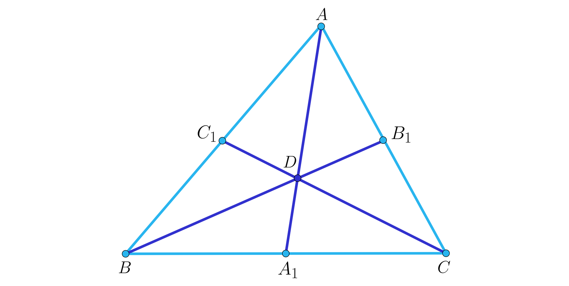 Na ilustracji przedstawiono trójkąt ABC. Z wierzchołka A poprowadzono środkową do punktu A1, leżącego na boku BC. Z wierzchołka B poprowadzono środkową do punktu B1, leżącego na boku AC. Z wierzchołka C poprowadzono środkową do punktu C1, leżącego na boku AB. Zaznaczono punkt D w miejscu przecięcia wszystkich środkowych tego trójkąta.