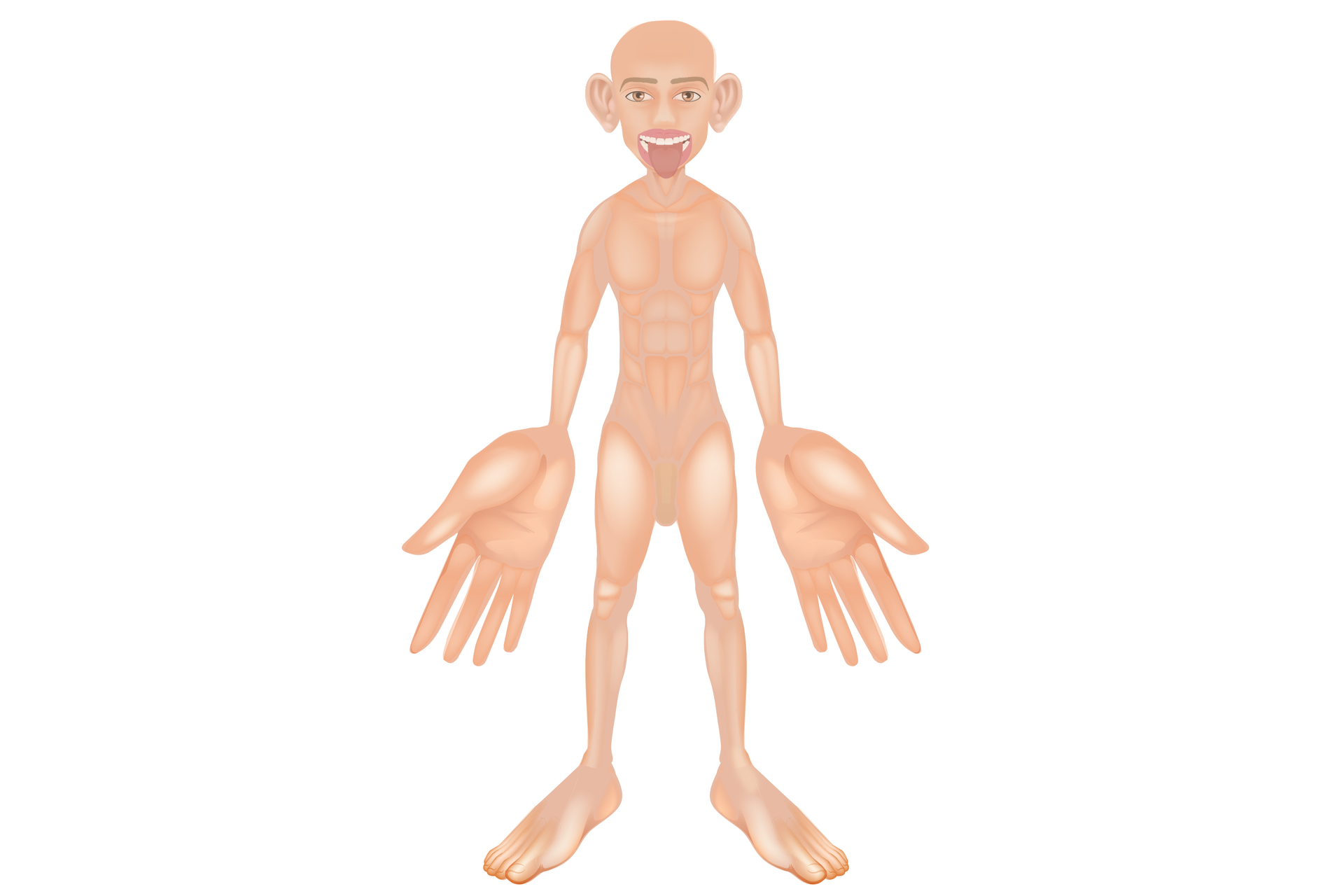Ilustracja prezentuje wizerunek człowieka z powiększonymi częściami ciała, gdzie zmysł dotyku jest najbardziej czuły, czyli uszy, język, dłonie, stopy