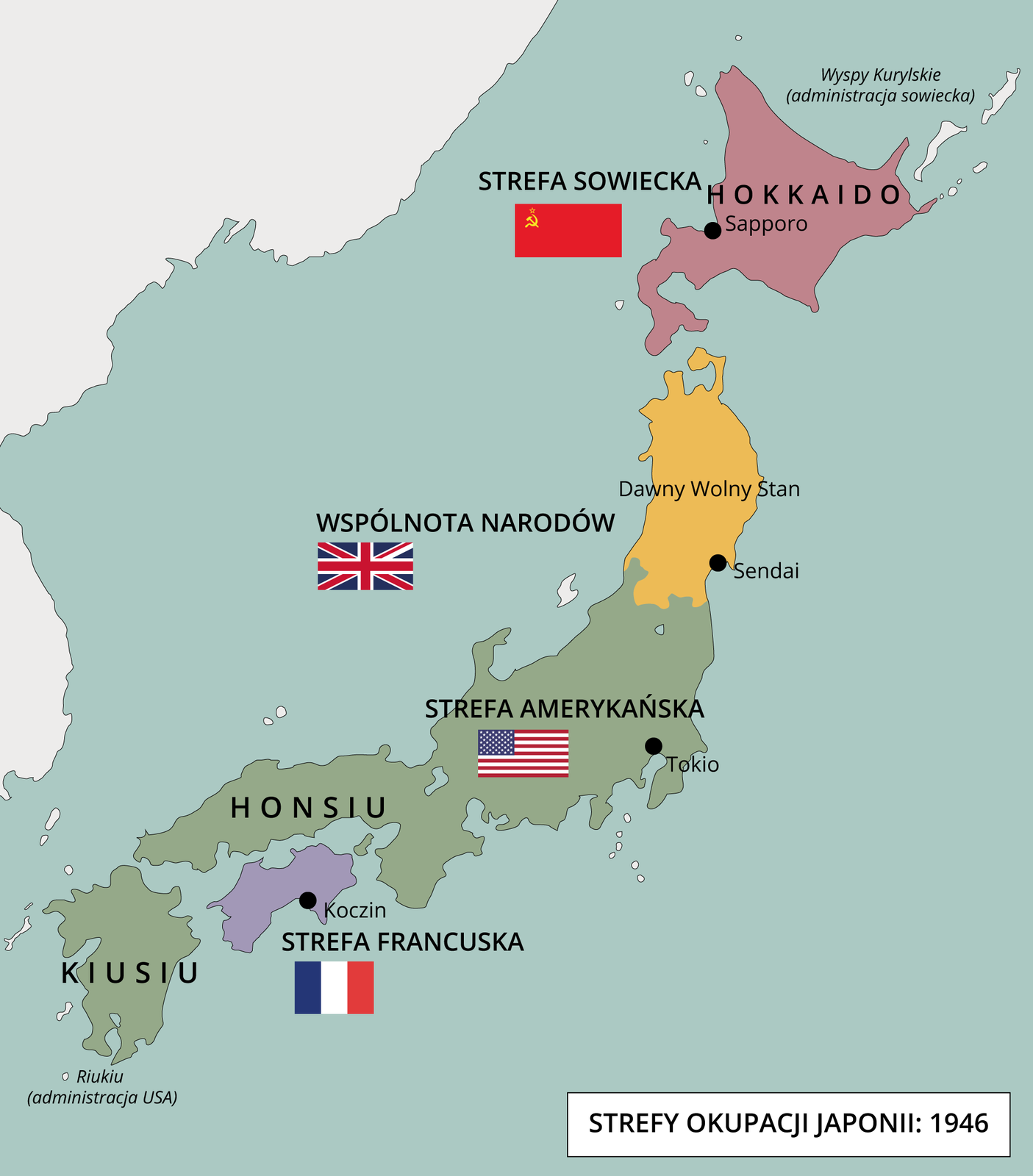 Mapa konturowa przedstawia strefy okupacyjne Japonii w 1946 roku. Wyspa Hokkaido, z głównym ośrodkiem w Sapporo (położona blisko Wysp Kurylskich administrowanych przez sowietów) znalazła się w Strefie Sowieckiej. Północna część Wyspy Honsiu, czyli Dawny Wolny Stan, z głównym ośrodkiem w Sendai, znalazła się w Strefie Wspólnoty Narodów. Środkowa i południowa część wyspy, z głównym ośrodkiem w Tokio oraz Wyspa Kiusiu, to Strefa Amerykańska. Wyspa na wschód od Honsiu i Kiusiu, z głównym ośrodkiem w Koczin, znalazła się w Strefie Francuskiej.