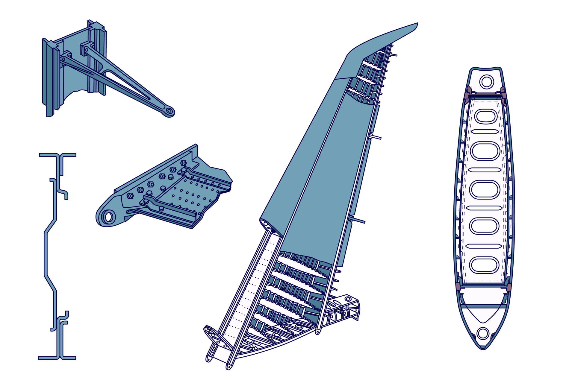 Ilustracja przedstawia przykład konstrukcji usterzenia samolotu. Oprócz samego usterzenia pokazane są również dwa fragmenty dźwigara, jego przekrój oraz żebro. Usterzenie przypomina swoją budową skrzydło. Szkielet siłowy pokazanego usterzenia składa się z dwóch dźwigarów, zestawu żeber, podłużnic oraz pokrycia. Przekrój dźwigara jest skomplikowany składa się z połączonych ze sobą kształtowników.  Jeden z fragmentów to koniec dźwigara znajdujący się od strony kadłuba. Posiada on charakterystycznej otwory, ułatwiające jego umocowanie. Drugi element to fragment dźwigara, do którego przymocowany jest element w kształcie dużej litery A, na której czubku znajduje się otwór. 
