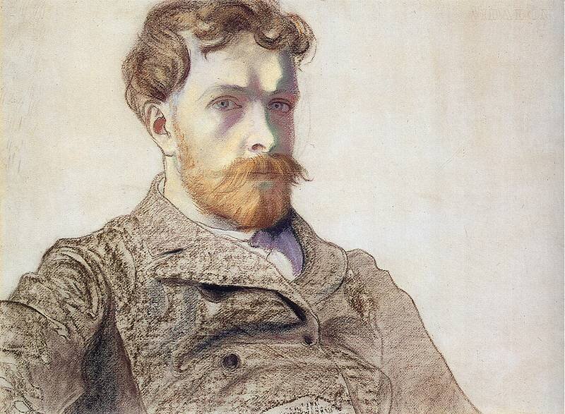 Obraz przedstawia autoportret Stanisława Wyspiańskiego utrzymany w tonacji brązów. Mężczyzna ma kręcone ciemne włosy, rudą brodę i wąsy. Ubrany jest w dwurzędowy brązowy, zapięty płaszcz i białą koszulę pod spodem. Tło jest jasne.