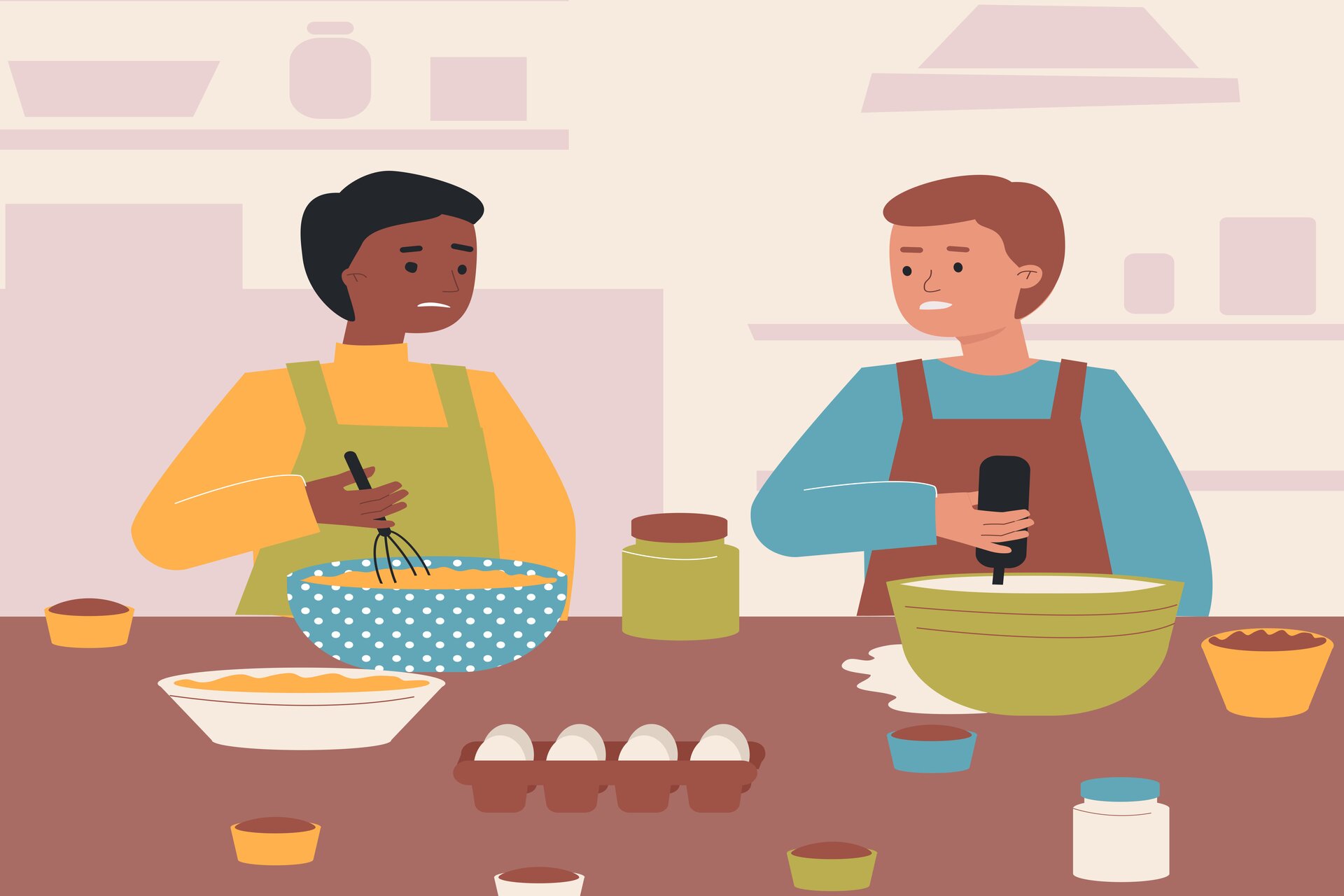 Grafika przedstawia dwie osoby stojące za blatem kuchennym, zwrócone do siebie twarzami. Po lewej widoczna jest postać trzymająca w prawym ręku trzepaczkę zanurzoną w misce. Po prawej widoczna jest postać trzymająca w ręku czarny przyrząd, włożony do miski. Na blacie widoczne są małe kolorowe miseczki, pojemnik z dziesięcioma jajami, dwa pojemniki, biały i zielony, z nakrętkami. W tle widoczne są schematycznie pokazane szafki kuchenne, okap, półki z różnymi przedmiotami. 