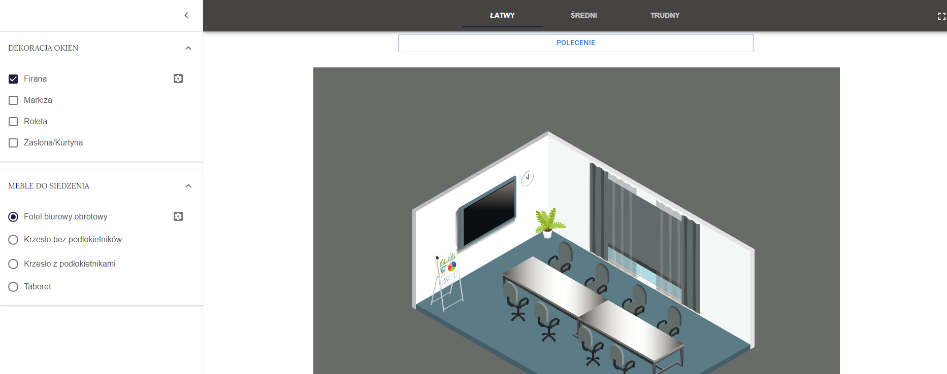 Grafika przedstawia wygląd ekranu programu. Na górze widnieje pasek umożliwiający wybór poziomu (łatwy, średni, trudny), poniżej - pasek z poleceniem. Po jego kliknięciu pojawia się pełne polecenie. Pod owym paskiem widać grafikę - rzut na pomieszczenie, w którym uczeń będzie dokonywał wirtualnych prac tapicersko‑dekoracyjnych. Po lewej stronie usytuowany jest panel wyboru odpowiednich elementów tapicersko‑dekoracyjnych.