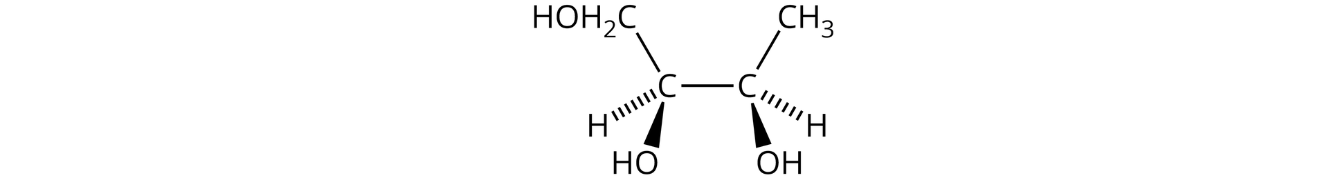 Na ilustracji jest wzór. Dwa połączone atomy węgla. Pierwszy z nich łączy się u góry z H O H 2 C . Drugi z grupą metylową. Każdy z atomów węgla łączy się wiązaniem klinowym rysowanym linią przerywaną z atomem wodoru oraz wiązaniem przypominającym klin z grupą OH.
