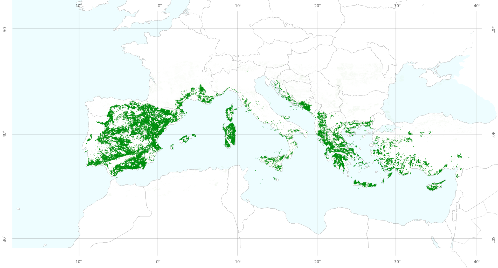 Mapa północnej części basenu Morza Śródziemnego. Kolorem zielonym zaznaczono na niej obszary, na których występują lasy i zarośla twardolistne. Zielony kolor pokrywa niemal całą Hiszpanię, południowe wybrzeże Francji, Baleary, Sycylię, Sardynię, Korsykę, południe Włoch, Dalmację oraz południową część Półwyspu Bałkańskiego oraz wyspy położone na południe od niego, a także zachodnią i południowo‑zachodnią część Azji Mniejszej.