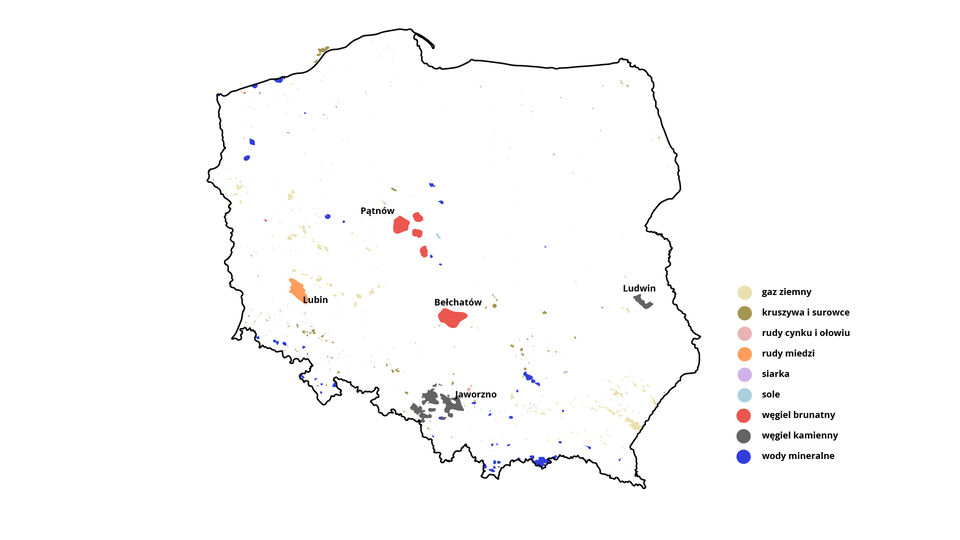 Na mapie Polski zaznaczono rozmieszczenie złóż, obszarów i terenów górniczych. Węgiel kamienny: na zachód od Jaworzna w województwie śląskim; Ludwin w województwie lubelskim. Węgiel brunatny: Bełchatów, na południe od Pątnowa. Rudy miedzi Lubin. Wody mineralne - południe Polski, północny zachód. Gaz ziemny zachodnia część kraju i południowo‑wschodnia.  Siarka - w Polsce złoża siarki w stanie rodzimym występują w okolicach Tarnobrzega (Piaseczno, Machów, Jeziórko oraz Osiek), na południe od Szydłowa, w rejonie Staszowa (Grzybów) oraz koło Lubaczowa (Horyniec‑Zdrój, Basznia). Sole -  złoża soli kamiennej znajdują się w: Małopolsce (kopalnie w Wieliczce, Bochni i Baryczy), Kujawach (kopalnie w Inowrocławiu i Ciechocinku), na wschodniej Wielkopolsce w Kłodawie oraz na Dolnym Śląsku. Polskie złoża cynku i ołowiu występują na południu kraju na obszarze obrzeżenia górnośląskiego Zagłębia węglowego w regionie śląsko‑krakowskim. Kruszywa i surowce - Polska południowa, województwo świetokrzyskie.   