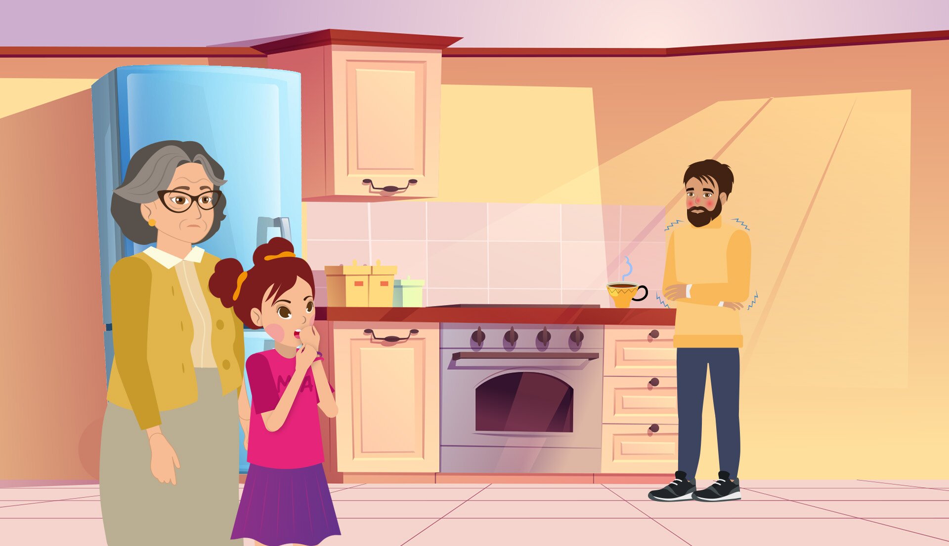 Ilustracja przedstawia kuchnię, w której znajduje się Mia z babcią i tata. Na blacie kuchennym stoi filiżanka z gorącą herbatą. Tata przy niej stoi. Tata jest chory, ma czerwony nos i policzki, obejmuje się ramionami, nad którymi są zygzaki sugerujące dreszcze. Babcia jest zmartwiona, Mia zaskoczona. Dialog znajduje się w transkrypcji poniżej. 