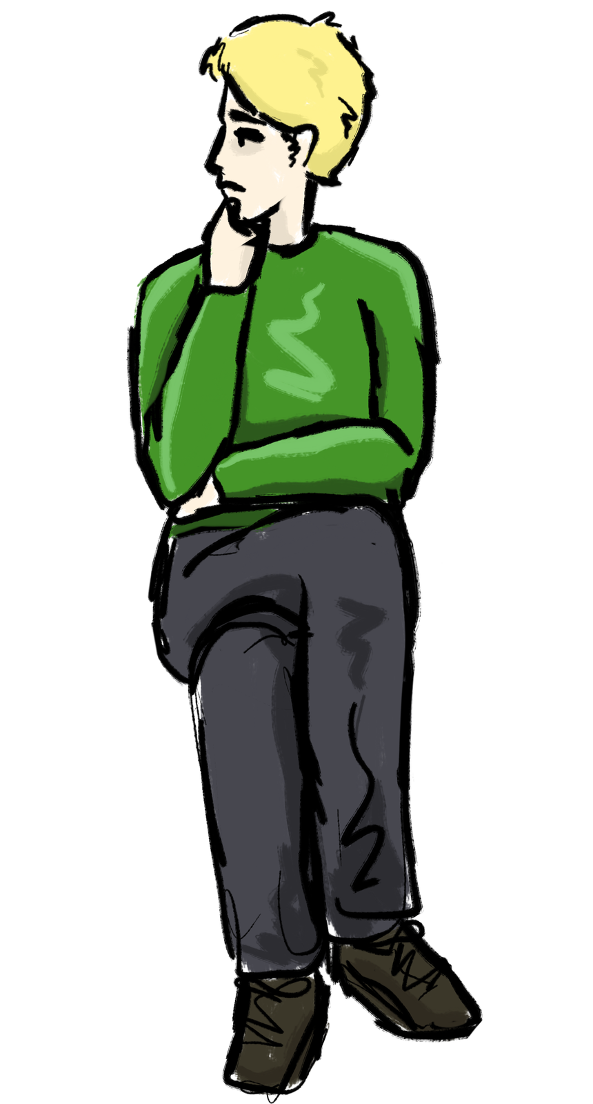 Zdjęcie przedstawia siedzącego mężczyznę. Mężczyzna ma głowę odwróconą w swoją prawą stronę. Trzyma się prawą dłonią za podbródek. Lewą ręką obejmuje się w pasie. Ma założoną nogę na nogę.