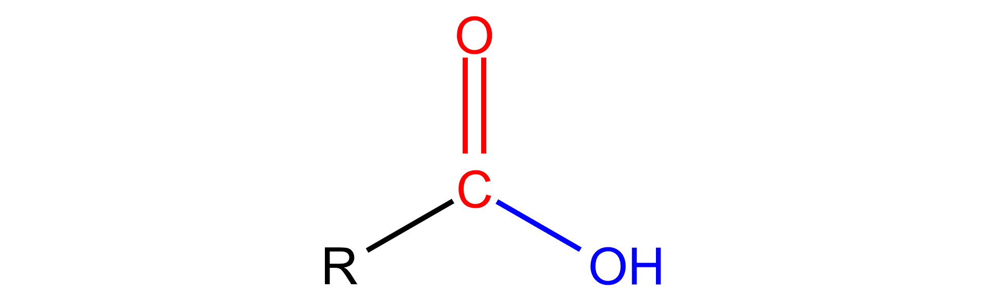 Na ilustracji jest wzór ogólny kwasów karboksylowych: atom węgla łączy się na górze wiązaniem podwójnym z atomem tlenu, na dole po prawej stronie z grupą OH, po lewej stronie z grupą alkilową R.