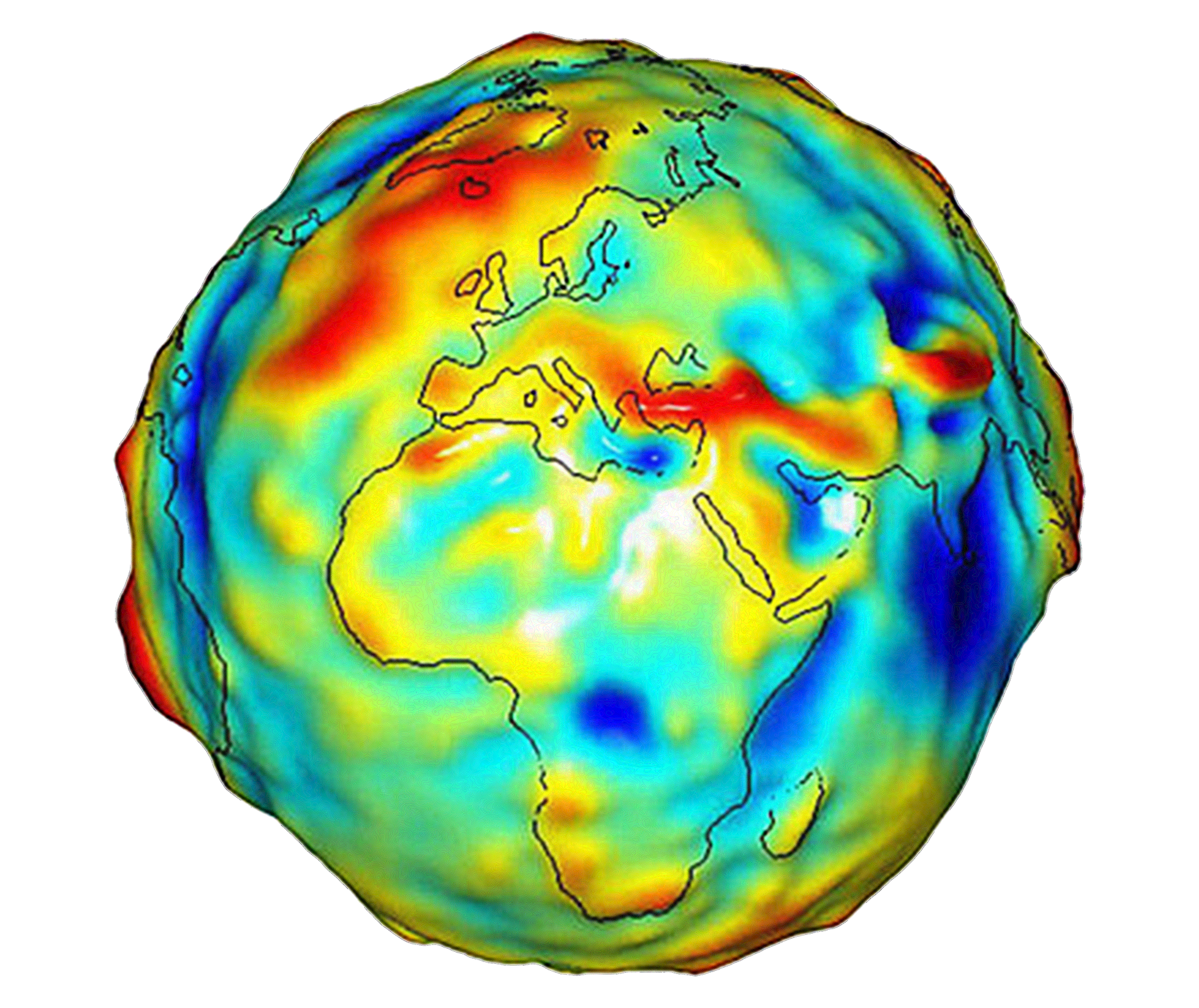 Ilustracja przedstawia kulę ziemską. Jest to geoida. Nieregularna bryła zbliżona do kuli. Na powierzchni zaznaczone są kontury kontynentów. Powierzchnia geoidy jest nierówna. Zniekształcenia są zaznaczone kolorami. Najniżej położone punkty to kolor niebieski. Najwyżej – to kolor czerwony.