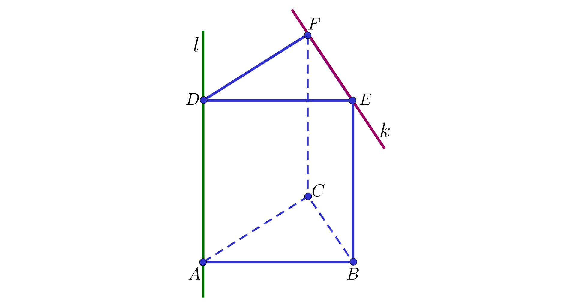 Ilustracja przedstawia graniastosłup prawidłowy trójkątny A B C D E F, gdzie wierzchołek D znajduje się nad A, wierzchołek E nad B, wierzchołek F nad C. Zaznaczono także dwie proste, pierwsza prosta l zawarta została w odcinku A D, druga prosta k natomiast przechodzi przez krawędź E F.