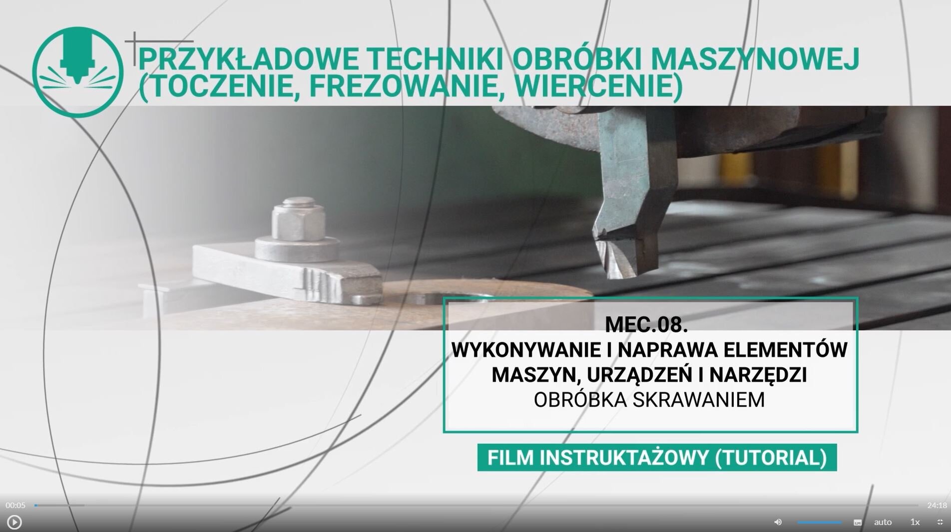 Widok ekranu filmu instruktażowego.  U góry znajduje się jego tytuł, w tle jest grafika, a w prawym dolnym rogu nazwa i tytuł lekcji.