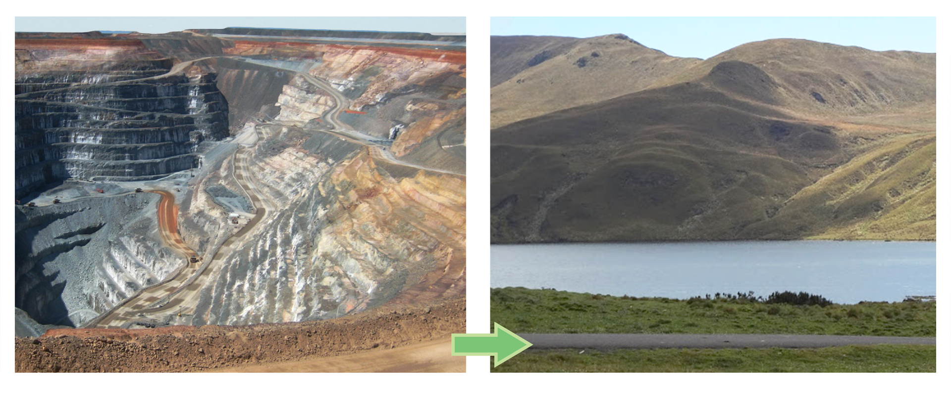 Galeria prezentuje pary fotografii przed i po rekultywacji terenu. Fotografia po lewej stronie ukazuje głębokie i rozległe wyrobisko. Obok fotografia tego samego wyrobiska wypełnionego wodą z brzegiem porośniętym zieloną trawą.