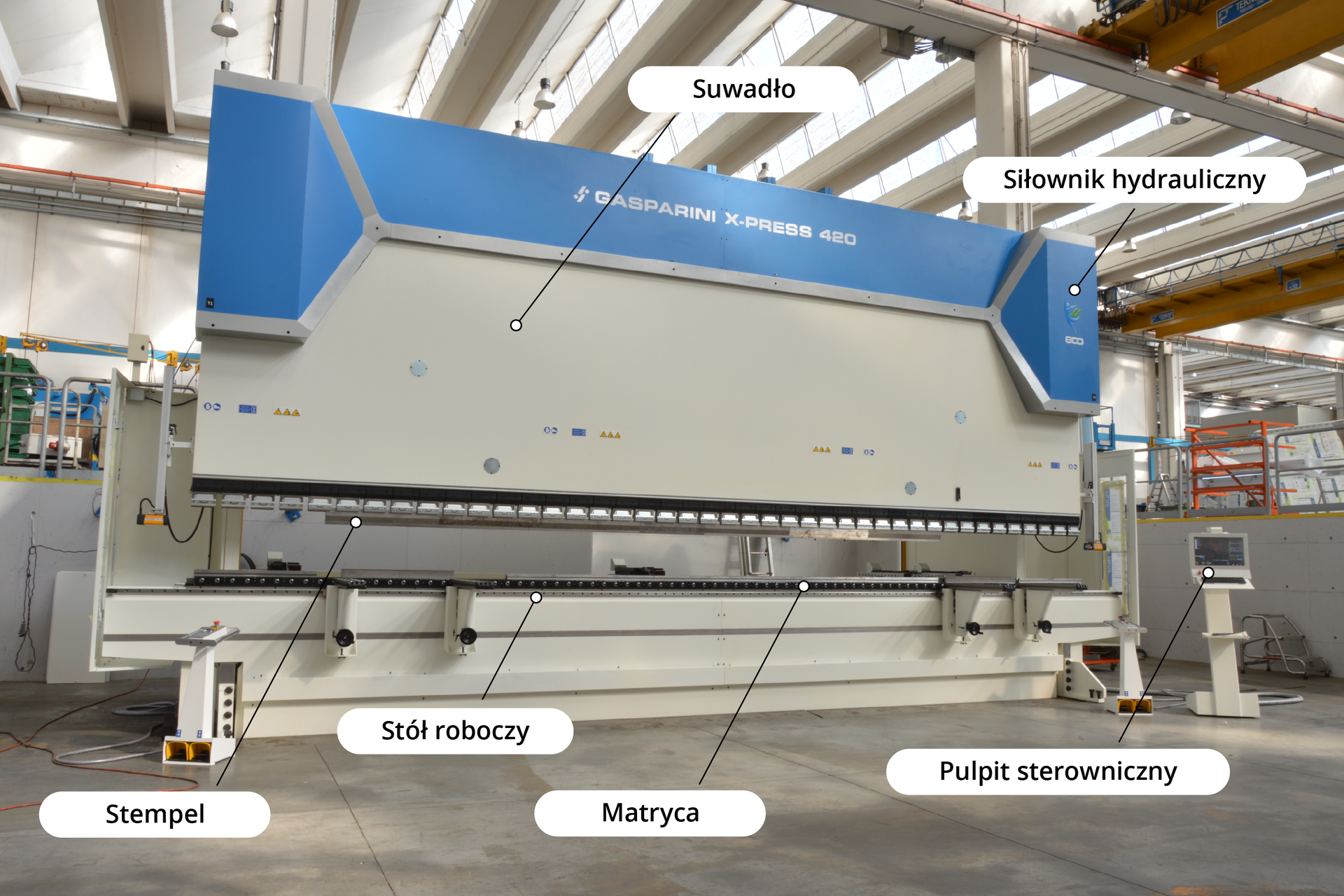 Zdjęcie przedstawia budowę prasy krawędziowej wraz z podpisami. Jest to prostokątna maszyna składająca się z górnej i dolnej części oddzielonych od siebie przerwą, która zamyka się podczas gięcia. Dolna część maszyny nazywa się stołem roboczym. Na nim umieszcza się materiał przeznaczony do gięcia. Na stole roboczym znajduje się matryca. Jest to zagłębienie w stole. Górna część maszyny to suwadło, które w górnej części posiada siłownik hydrauliczny. Na spodzie suwadła znajduje się stempel. Jest to wystająca listwa metalu, której kształt pasuje do matrycy. Umieszczony między nimi materiał, na przykład blacha, pod wpływem nacisku stempla, wygina się. Obok urządzenia widoczny jest pulpit sterowniczy. 