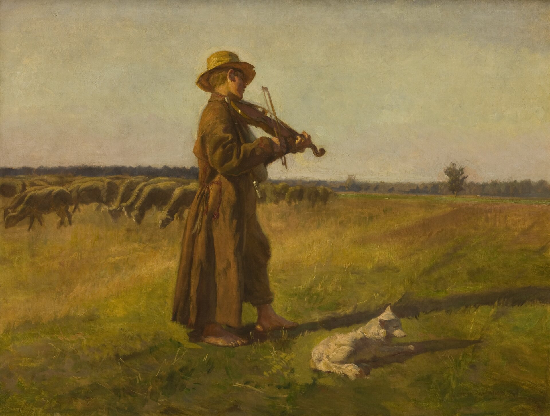 Obraz ukazuje chłopca pasącego owce. Chłopiec gra na skrzypcach. Jest boso. Ma na sobie dłuższy płaszcz i kapelusz. U jego stóp leży biały pies. Za chłopcem pasą się owce. Teren wokół jest płaski, porośnięty trawą. W oddali rośnie las.  