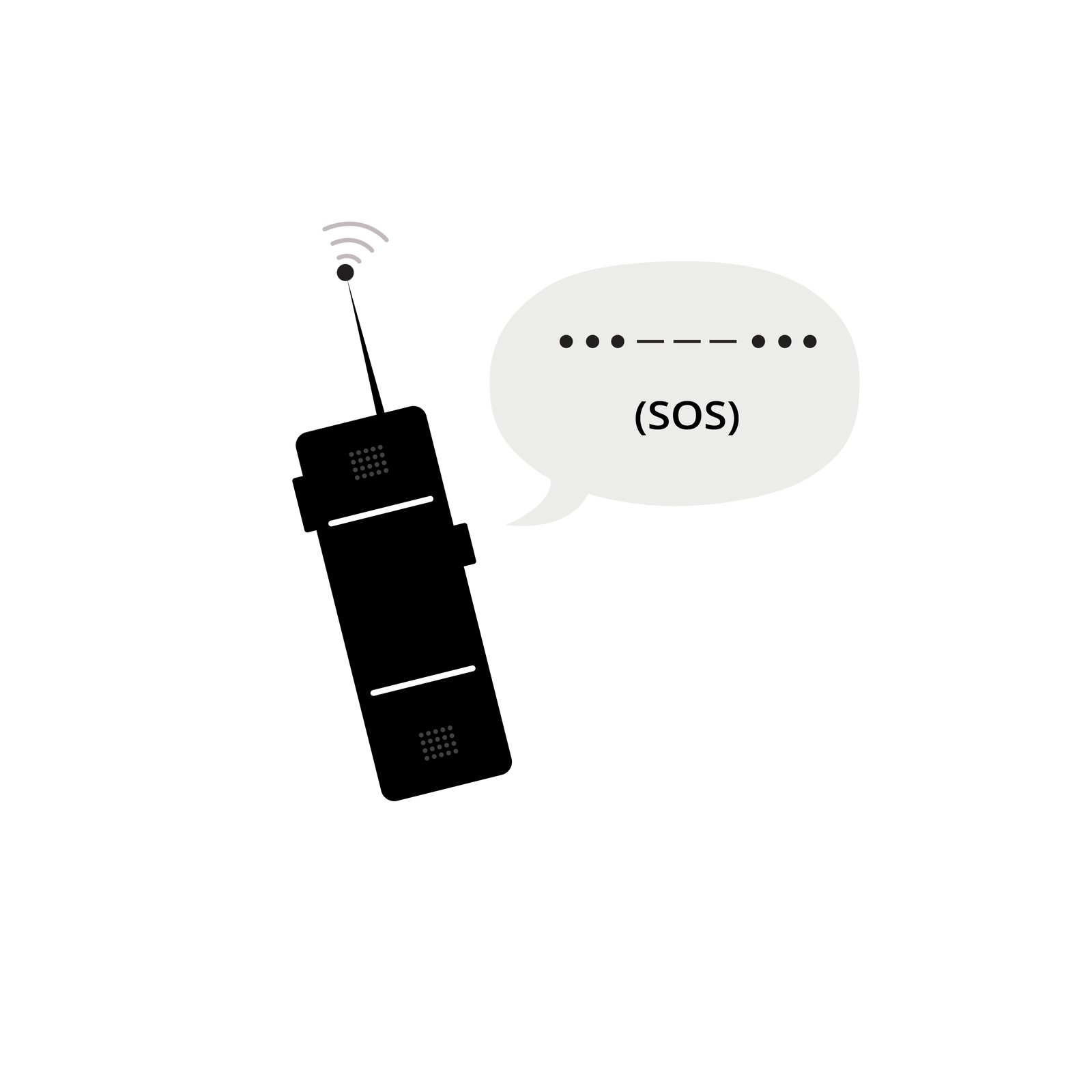 Kliknij, aby powiększyć. Grafika przedstawia czarną krótkofalówkę. Wydobywa się z niej dymek z komunikatem, którego część została zapisana alfabetem Morse'a. Treść: . . . _ _ _ . . . (SOS).