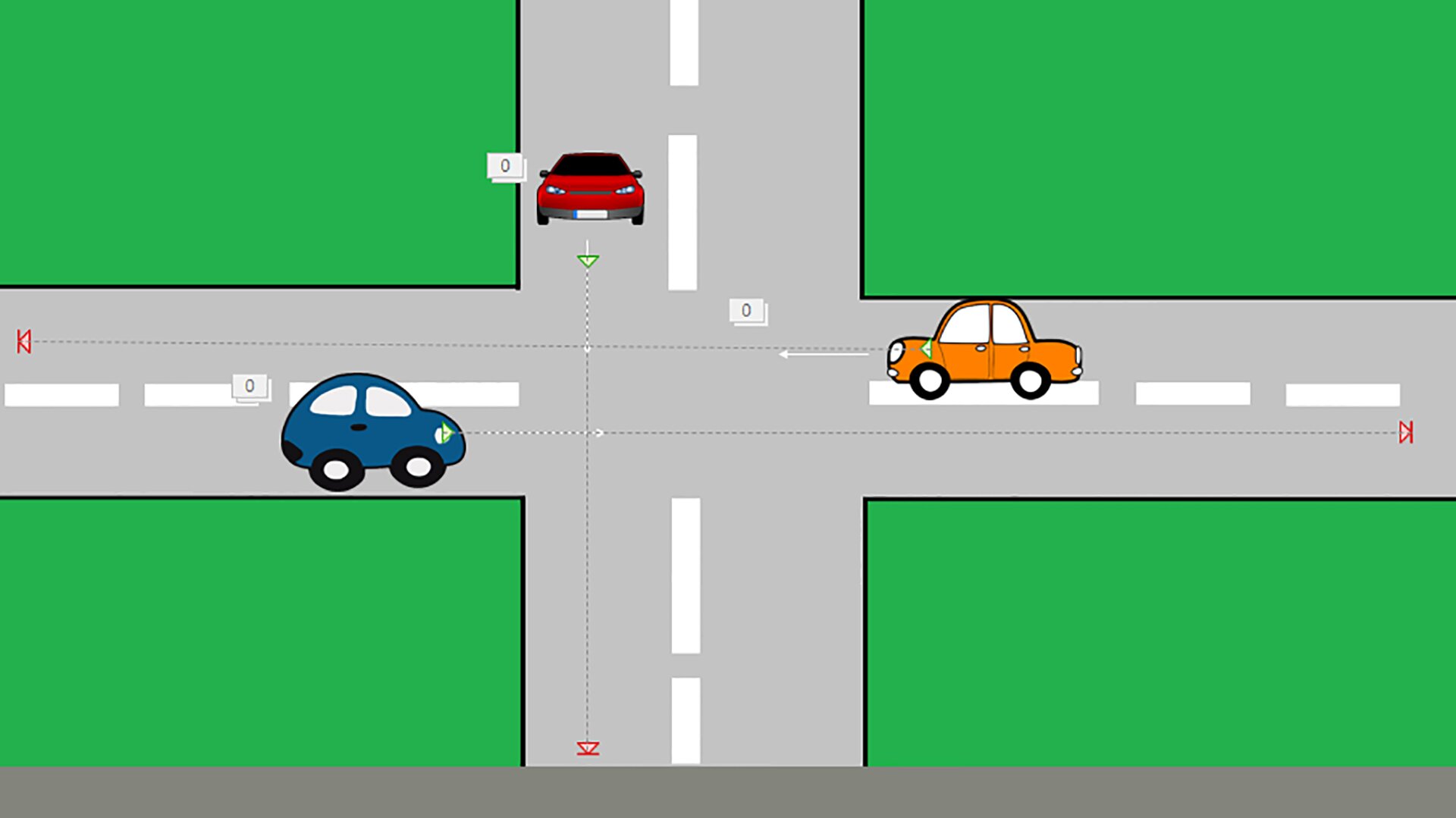 Zrzut ekranu przykładowego slajdu prezentacji z zastosowanymi ścieżkami ruchu i efektami wyjścia. Widać na nim skrzyżowanie i 3 auta stojące na różnych ulicach.