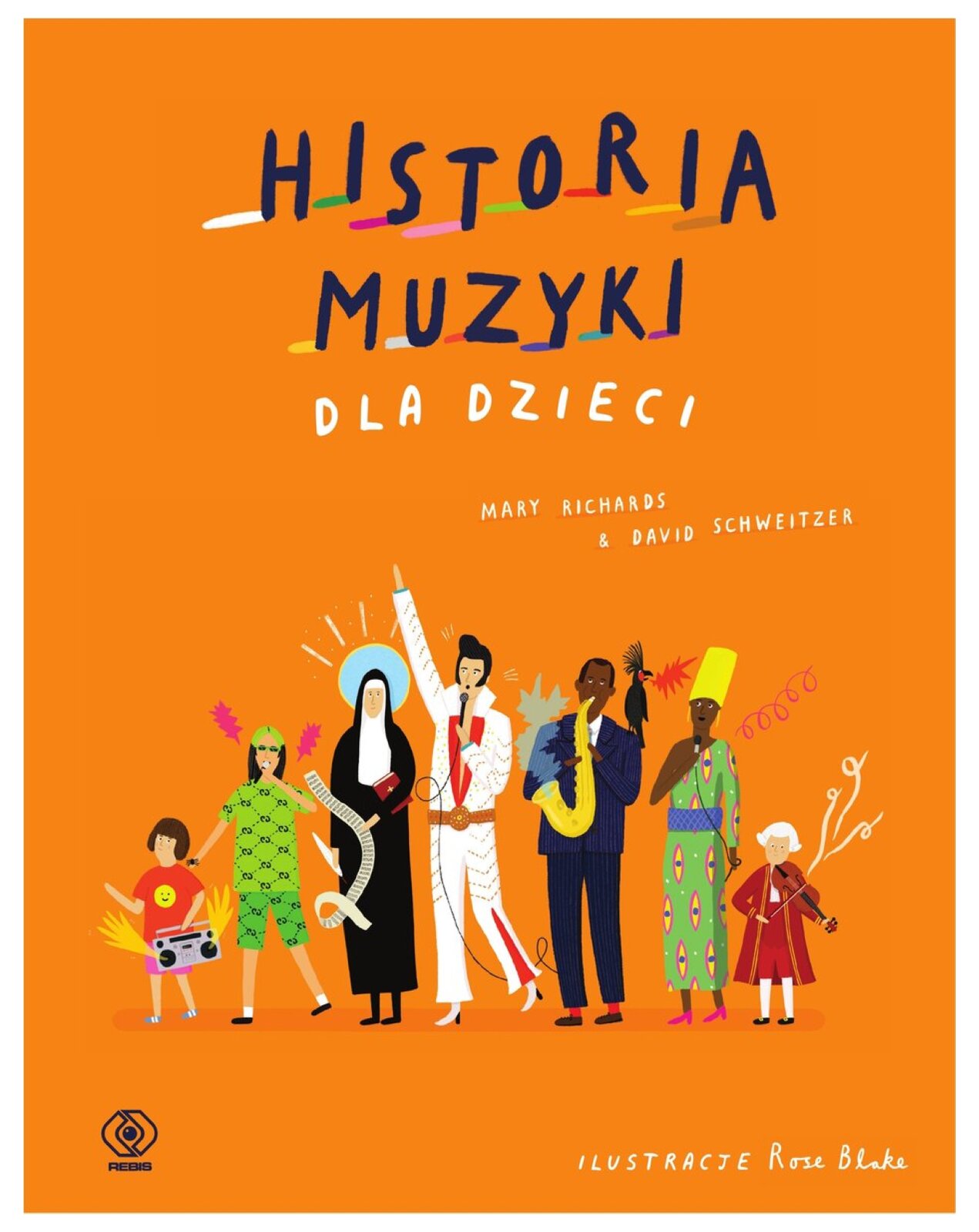 Ilustracja przedstawia okładkę książki „Muzyka dla dzieci”. Na pomarańczowym tle umieszczono siedem postaci - dziecko stojące z magnetofonem, młodego mężczyznę ubranego na zielono i śpiewającego do mikrofonu, zakonnice trzymającą skrzypce, postać przypominającą Elvisa Presleya, czarnoskórego mężczyznę grającego na saksofonie, czarnoskórą kobietę ubraną w tradycyjny strój oraz postać Anotnio Vivaldiego.