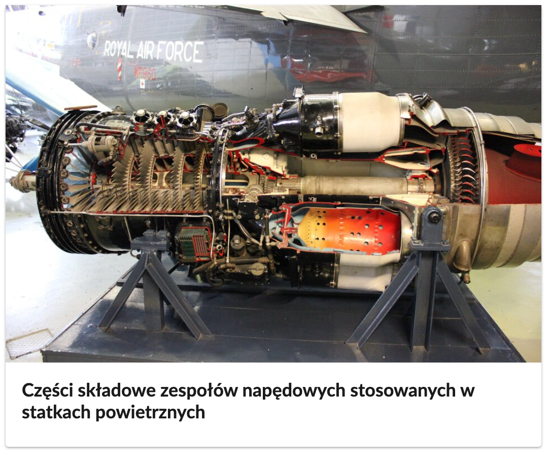 Grafika przedstawia rozebrany silnik turbinowy samolotu. Poniżej tytuł atlasu: Części składowe zespołów napędowych stosowanych w statkach powietrznych.