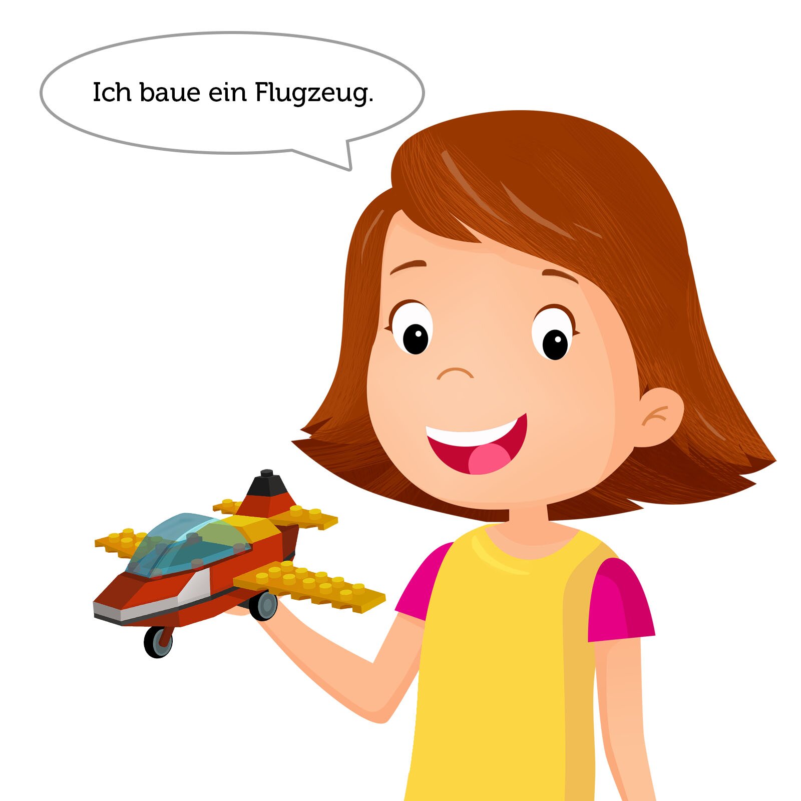 Ilustracja przedstawia dziewczynkę trzymającą w dłoni samolot z klocków.