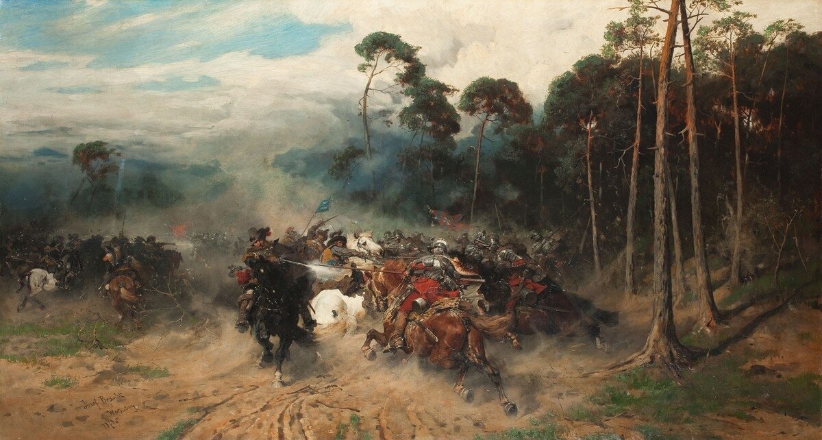 Kliknij, aby powiększyć. Obraz przedstawia zbrojne starcie dwóch oddziałów jazdy na piaszczystej drodze i łące obok lasu iglastego. Po prawej stronie wojska koronne: husaria. Po lewej rajtaria i dragonia szwedzka. W tle zachmurzone niebo.