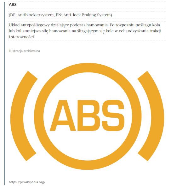 Zrzut ekranu przedstawia przykładowy widok pojęć w słowniku pojęć dla e‑materiału. Widoczne  jest pojęcie wraz z ilustracją, na której widnieje ikona ABS oraz jej wyjaśnienie i link do rozdziałów, w których występuje.