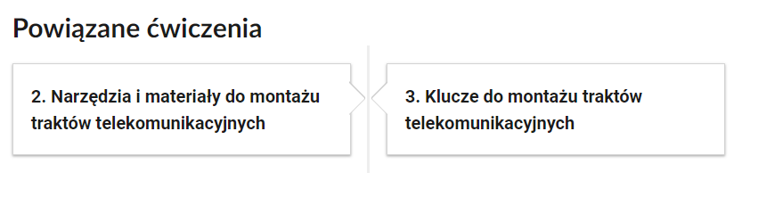 Widok przykładowego przycisku ćwiczeń powiązanych z danym multimedium. Na górze widnieje napis: Powiązane ćwiczenia. 
Od lewej znajdują się przyciski: ćwiczenie drugie. Narzędzia i materiały do montażu traktów telekomunikacyjnych. Obok ćwiczenie trzecie. Klucze do montażu traktów telekomunikacyjnych.