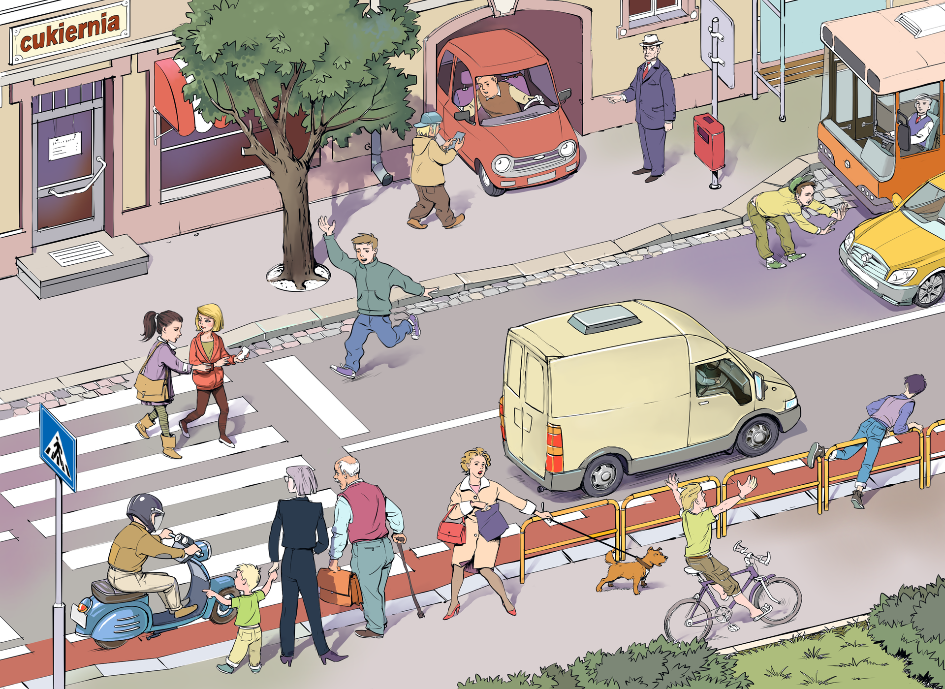 Ilustracja przedstawia za pomocą jednego rysunku różne sytuacje możliwe do wystąpienia na ruchliwej ulicy. Od lewej strony ilustracji do prawej rozciąga się ukośnie i w rzucie z góry dwukierunkowa ulica. Po lewej stronie przejście dla pieszych. Na przejściu dwie uczennice oglądają telefon komórkowy, a przed przejściem dla pieszych po ulicy drogę na ukos przebiega młody chłopak. Na przejście wjeżdża człowiek na skuterze. Na chodniku przy przejściu stoi starszy mężczyzna podpierający się o laskę, kobieta z małym dzieckiem oraz kobieta z psem na smyczy. Wzdłuż chodnika jedzie bez trzymania kierownicy rowerzysta z rękami uniesionymi w górze. Dalej wzdłuż chodnika znajdują się żółte metalowe barierki odgradzające chodnik od ulicy. Młody chłopak po prawej stronie sceny wspina się na jedną z barierek. Po przeciwnej stronie mężczyzna przechodzi na drugą stronę jezdni w miejscu niedozwolonym. Mija autobus stojący w zatoczce i niemal wpada pod jadący samochód. Z bramy budynku wyjeżdża samochód osobowy. Kierowca patrzy w kierunku przechodnia piszącego smsa, który jednocześnie nie zwraca uwagi na pozostałych użytkowników chodnika.