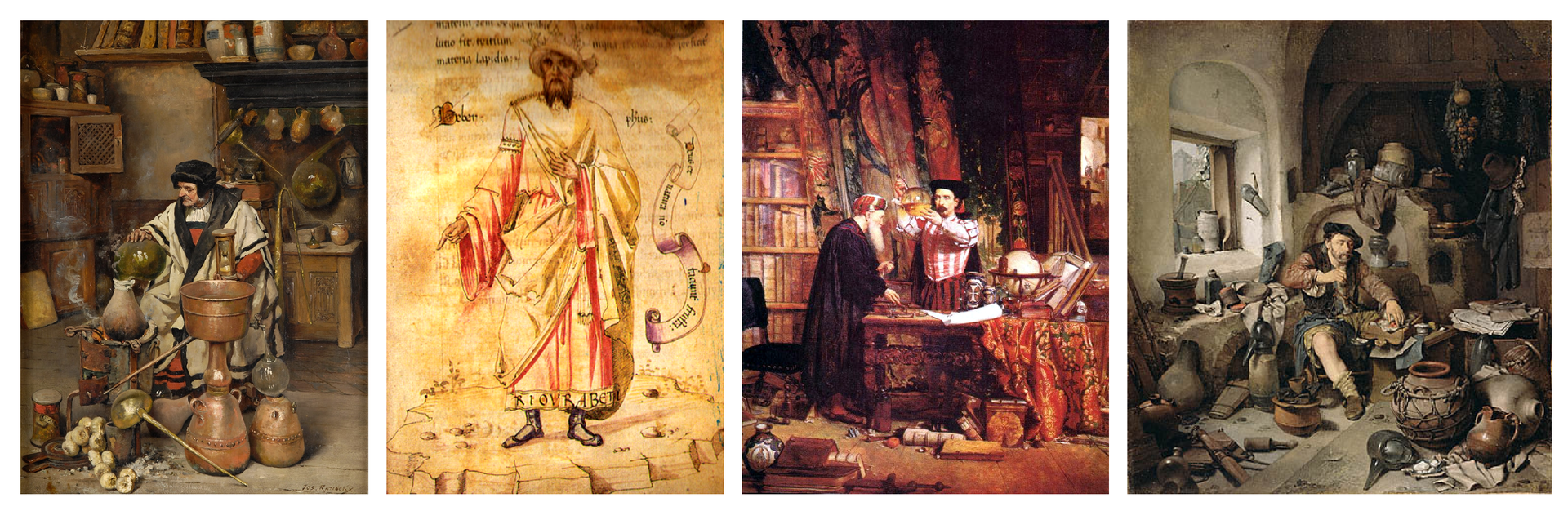 Cztery obrazy przedstawiające alchemików. Od lewej: Der Alchemist Josepha Leopolda Ratinckxa z 1937 roku. Przedstawia starego uczonego w białej szacie stojącego przed aparaturą badawczą zawierającą gliniane naczynie stojące na przenośnym piecyku i zestaw do destylacji. Uczony patrzy na podgrzewane naczynie, trzymając w lewej ręce klepsydrę. Tło obrazu stanowi warsztat utrzymany w ciepłych barwach, zawierający półkę z książkami u góry, szafkę z substancjami po lewej stronie i regał z przyrządami oraz stołem do doświadczeń. Drugi obraz od lewej to średniowieczna rycina nieznanego artysty pochodząca z XV‑wiecznego kodeksu, przedstawiająca arabskiego alchemika i lekarza Dżabira Ibn Hajjana, znanego w Europie jako Geber. Rycina przedstawia starca w biało‑czerwonej szacie i szpiczastym kapeluszu z długą brodą, stojącego na skrawku jałowego terenu. Trzeci obraz od lewej to The Alchemist Williama Fettesa Douglasa z 1855 roku, przedstawiający wnętrze bogato wyposażonej pracowni uczonego. Po lewej stronie i w głębi sceny znajdują się regały pełne ksiąg. W centralnej części sceny przy bogato rzeźbionym stole zastawionym instrumentami badawczymi stoi lekko zgarbiony stary, siwobrody mędrzec w skromnej czarnej szacie. Naprzeciw niego jego gość, postawny mężczyzna w bogatym stroju, stoi we władczej pozycji, trzymając wysoko uniesioną kolbę ze złocistą substancją. Ostatni, czwarty obraz, również nosi tytuł Alchemik, jest autorstwa holenderskiego malarza Cornelisa Pietersza Begi i pochodzi z 1663 roku. Przedstawia mężczyznę w średnim wieku ubranego w prosty strój rzemieślnika, siedzącego w ciasnej pracowni, wypełnionej rozrzuconymi niedbale instrumentami badawczymi. Pracowania jest prawie pozbawiona umeblowania, po lewej stronie, w jasnej ścianie znajduje się małe okno pod którym stoi zagracony stół, a w tle za uczonym znajduje się wygasły piec. Alchemik siedzi okrakiem na małym taborecie, przy równie małym stole, a w prawej ręce trzyma małą wagę, którą odmierza porcje jakiejś substancji.