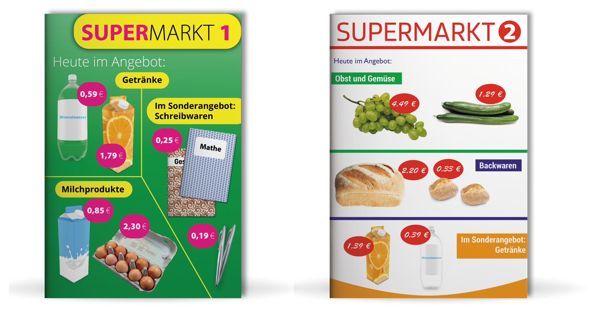 Na zdjęciu znajdują się dwie gazetki z supermarketu. Pierwsza podzielona jest na trzy sektory. 
Sektor pierwszy. Getränke. Widoczne jest zdjęcie wody w butelce oraz soku pomarańczowego.
Sektor drugi.  Milchprodukte. Widoczne jest zdjęcie mleka oraz jajek.
Sektor trzeci. Im Sonderangebot: Schreibwaren. Widoczne jest zdjęcie zeszytów oraz długopisów. 
Druga gazetka również jest podzielona na trzy sektory. 
Sektor pierwszy. Obst and Gemüse. Widoczne jest zdjęcie winogron oraz ogórków.
Drugi sektor. Backwaren. Widoczne jest zdjęcie bułek oraz chleba.
Trzeci sektor. Im Sonderangebot: Getränke. Widoczne jest zdjęcie wody w butelce oraz soku pomarańczowego.
Przy wszystkich artykułach widoczne są ceny.