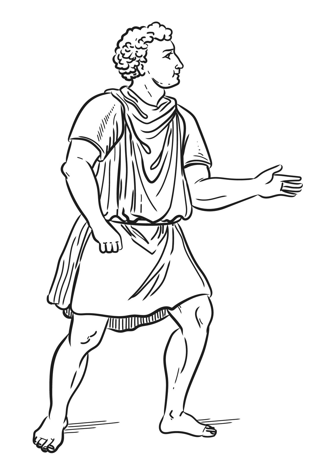 Zaprezentowany rysunek na białym tle, przedstawia szkic młodego mężczyzny. Ma on okrągłą twarz i kręcone krótkie włosy. Zwrócony jest bokiem. Ma wyciągniętą przed siebie lewą rękę, nogi lekko ugięte w kolanach. Ubrany jest w krótką szatę przewiązaną w pasie; stopy ma bose.