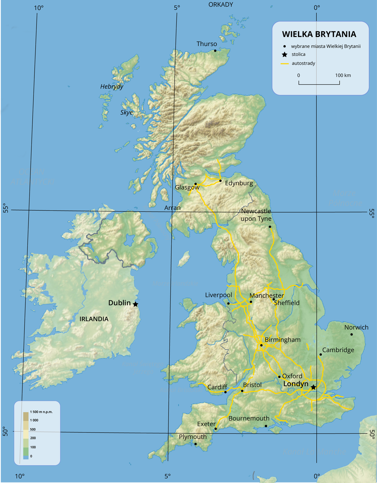 Mapa hipsometryczna Wielkiej Brytanii. W lewym dolnym rogu legenda z oznaczeniami kolorów, które przyporządkowane są do określonych wysokości. W prawym górnym rogu druga część legendy. Linie kolejowe oznaczono szarymi liniami, drogi główne i autostrady czerwonymi liniami, miasta czarnymi kropkami, stolicę czarną gwiazdką. Poniżej pozioma podziałka z odcinkiem oznaczonym jako sto kilometrów. 