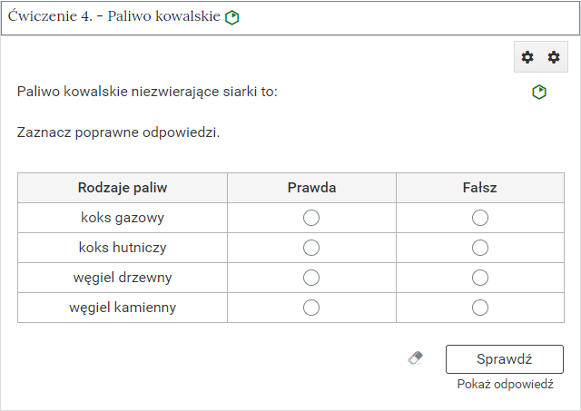 Zdjęcie przedstawia otwartą zakładkę z przykładowym zadaniem. Pod nazwą zakładki znajduje się polecenie. Pod poleceniem widać treść zadania z odpowiedziami do wyboru. Po prawej stronie polecenia widać zielony sześciokąt. Poniżej zadania, po prawej stronie panelu znajduje się ikona sprawdź. Po jej lewej stronie widać symbol gumki. Poniżej przycisku sprawdź znajduje się napis pokaż odpowiedź.