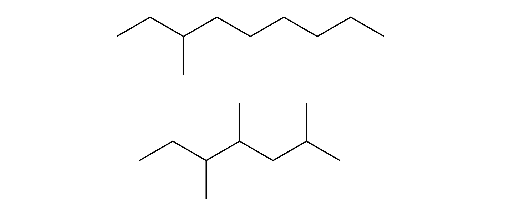 Na ilustracji są dwa wzory szkieletowe. Pierwszy wzór to łańcuch główny w kształcie zygzaka. Jest zbudowany z ośmiu połączonych ze sobą wiązań. Przy drugim wiązaniu od lewej strony biegnie w dół wiązanie pojedyncze. Drugi wzór to krótszy łańcuch. Łańcuch główny ma kształt zygzaka. Zbudowany jest z sześciu wiązań. Przy drugim wiązaniu od lewej strony biegnie wiązanie w dół. Przy trzecim i piątym wiązaniu biegną wiązania w górę. 