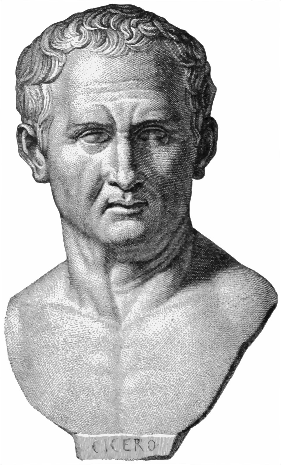 Ilustracja przedstawia rzeźbę popiersia Marka Tulliusza Cycerona. Rzeźba ukazuje mężczyznę w średnim wieku o krótkich, falowanych włosach. Postać ma wyraźne rysy twarzy, spogląda przed siebie. 