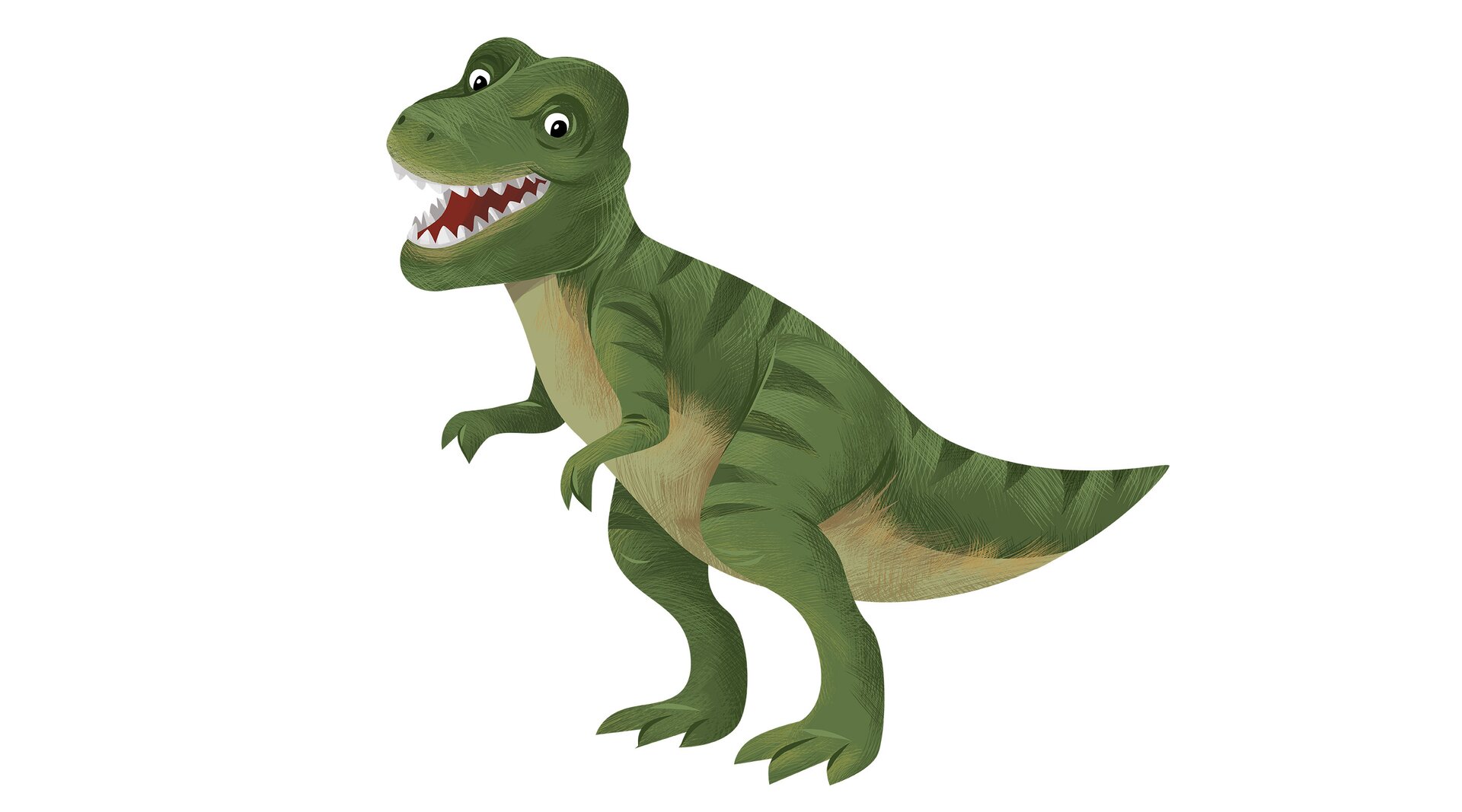 Ilustracja przedstawia dużego, dwunogiego, zielonego tyranozaura. 