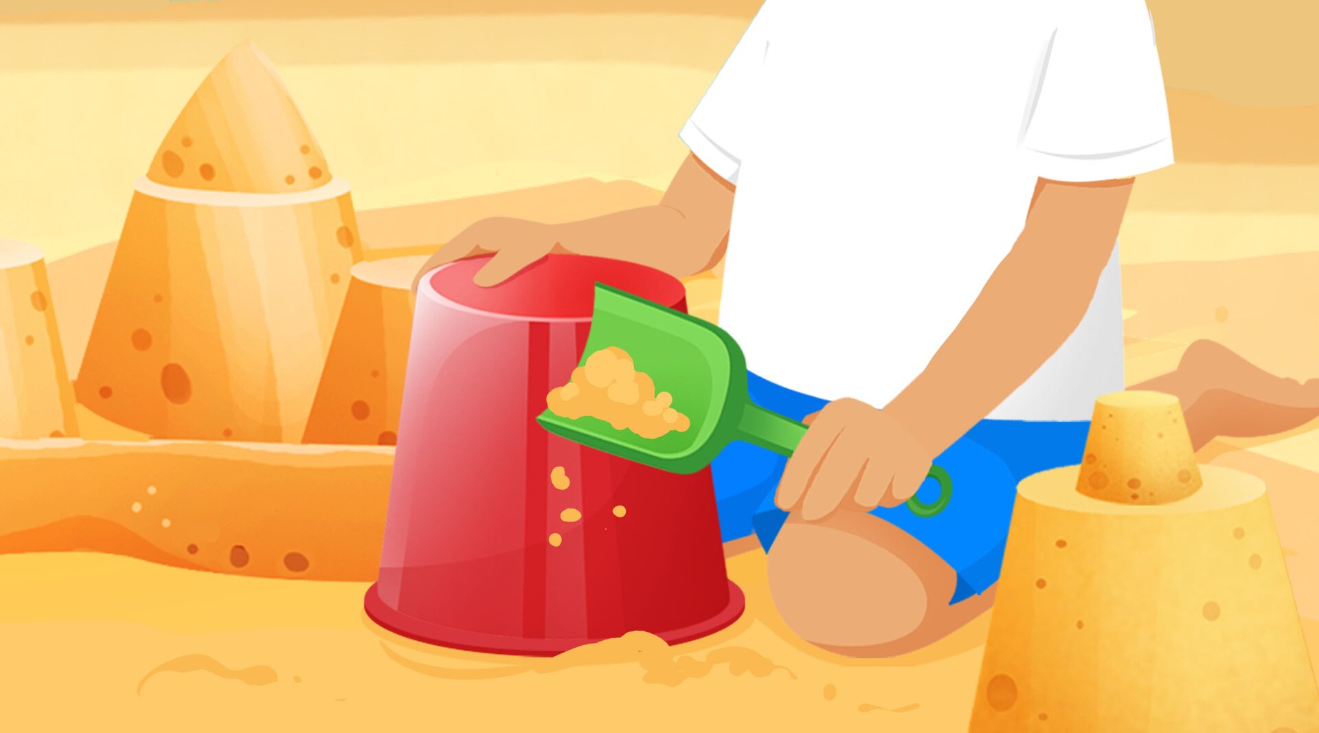 Na ilustracji znajduje się dziecko budujące zamek z piasku.