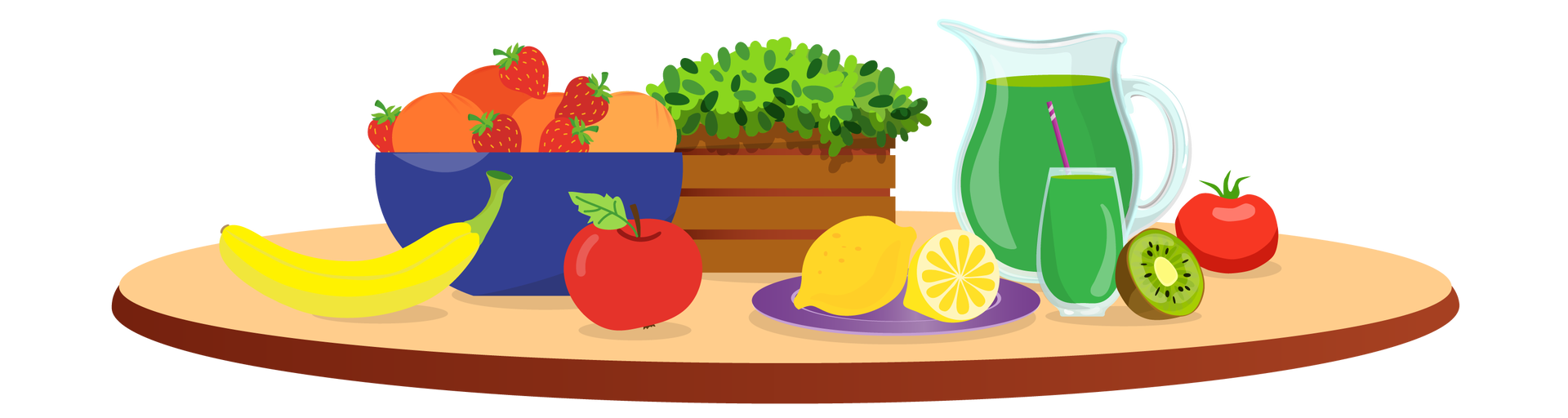 Ilustracja przedstawia jasnobrązowy blat stołu, na którym znajdują się różne naczynia i produkty spożywcze. Po lewej stronie leży banan i czerwone jabłko. Za nimi stoi granatowa miska wypełniona truskawkami i pomarańczami, a obok zielona roślina w prostokątnej brązowej skrzynce. Dalej na prawo jest fioletowy talerzyk z całą cytryną i połową drugiej cytryny. Po prawej stronie stoi dzbanek zielonego soku i szklanka zielonego soku z fioletową słomką. Obok leży połowa kiwi i czerwony pomidor.