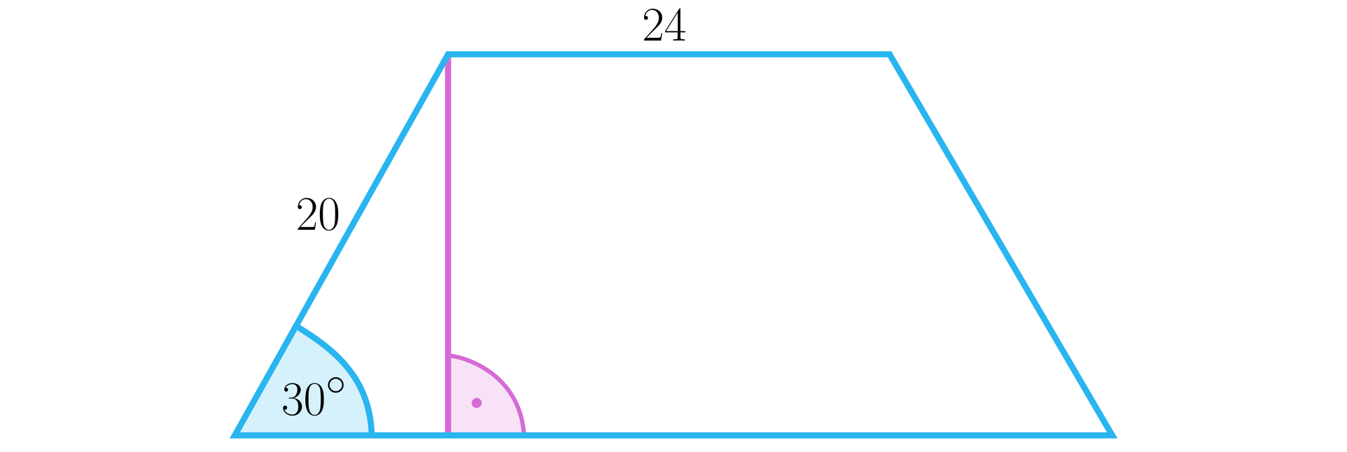 Rysunek przedstawia trapez równoramienny, którego górna podstawa ma długość 24, a ramię jest długości 20. Ramiona trapezu są nachylone do dolnej podstawy pod kątem trzydziestu stopni. W trapezie narysowano także wysokość upuszczoną z lewego górnego wierzchołka i oznaczono kąt prosty między wysokością a dolną podstawą.