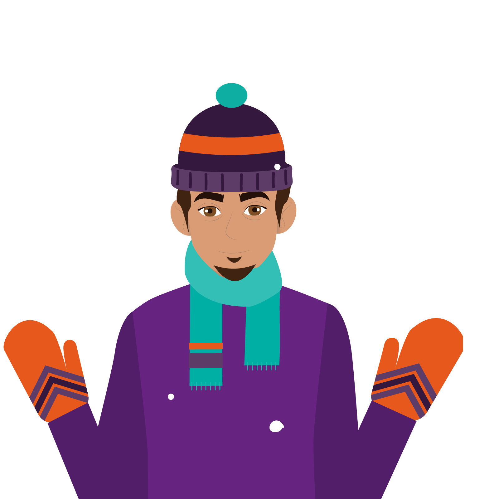 Na ilustracji widać mężczyznę we filetowej kurtce, pomarańczowych rękawiczkach, czapce i szaliku. 